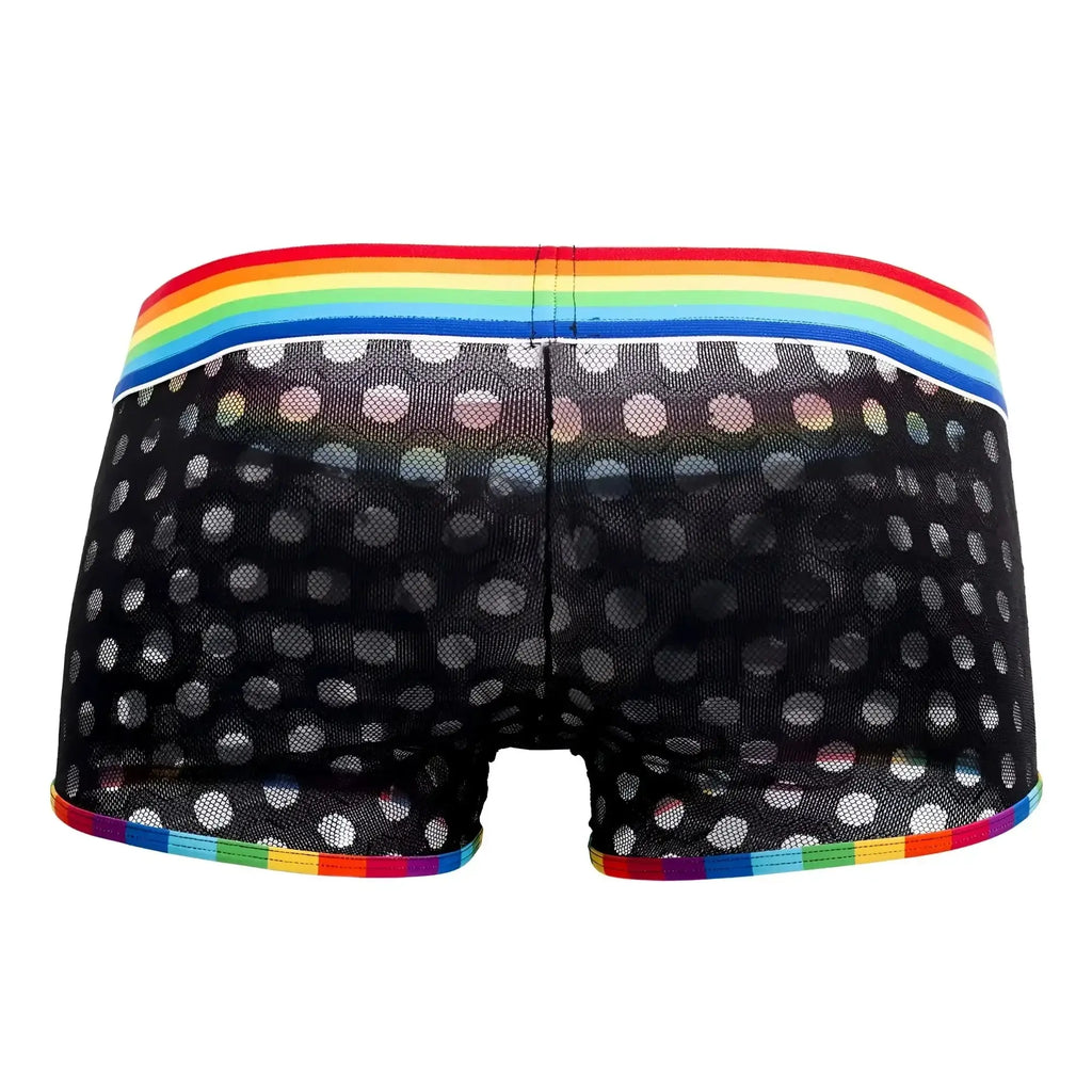 CandyMan 99511X black mesh boxer briefs with white polka dots and rainbow elastic waistband and trim