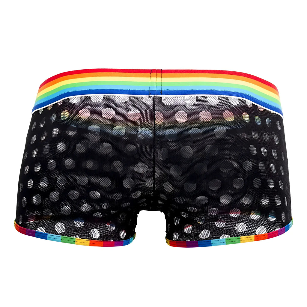 CandyMan 99511X black mesh boxer briefs with white polka dots and rainbow elastic waistband and trim