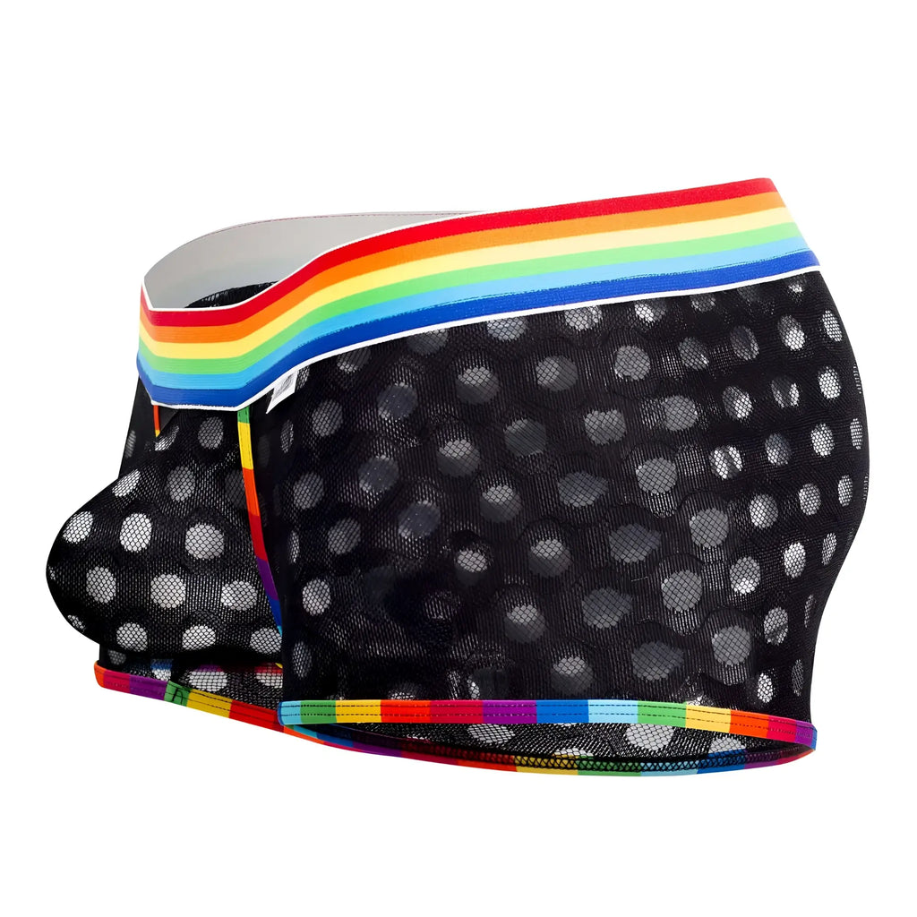 Black mesh CandyMan 99511X polka dot boxer briefs with rainbow-striped elastic waistband front view