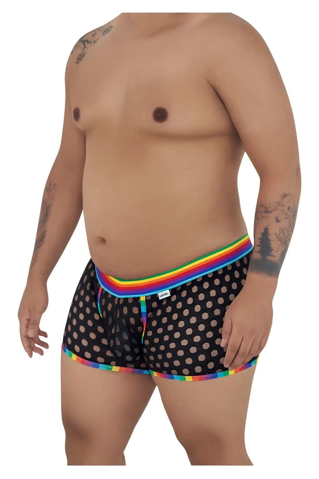 Black CandyMan 99511X polka mesh briefs with rainbow trim and small white brand tag