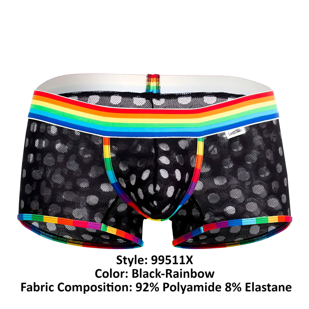Black mesh briefs CandyMan 99511X with white polka dots and rainbow-striped waistband and leg openings