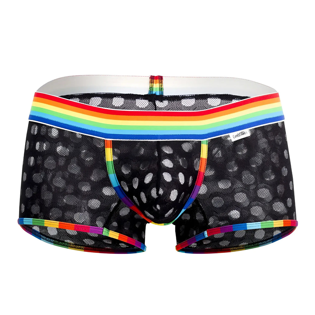 Black mesh briefs candyman 99511x with rainbow striped waistband and trim and white polka dots on fabric