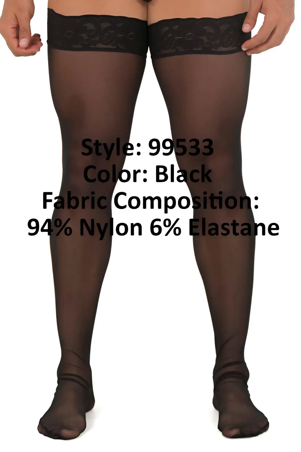 Black candy man 99533 mesh thigh highs with sheer fabric and decorative lace band at the top