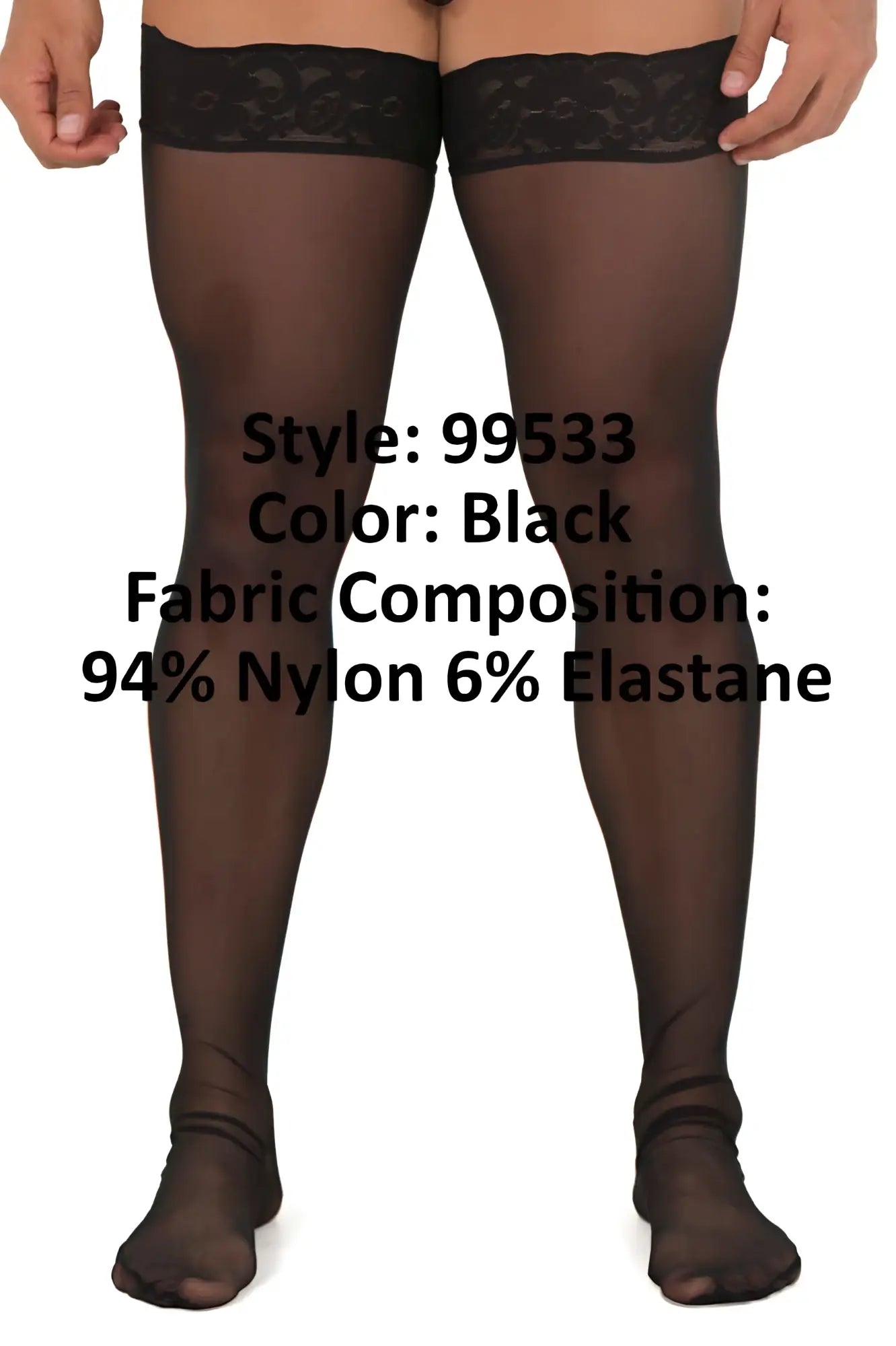 Black candy man 99533 mesh thigh highs with sheer fabric and decorative lace band at the top