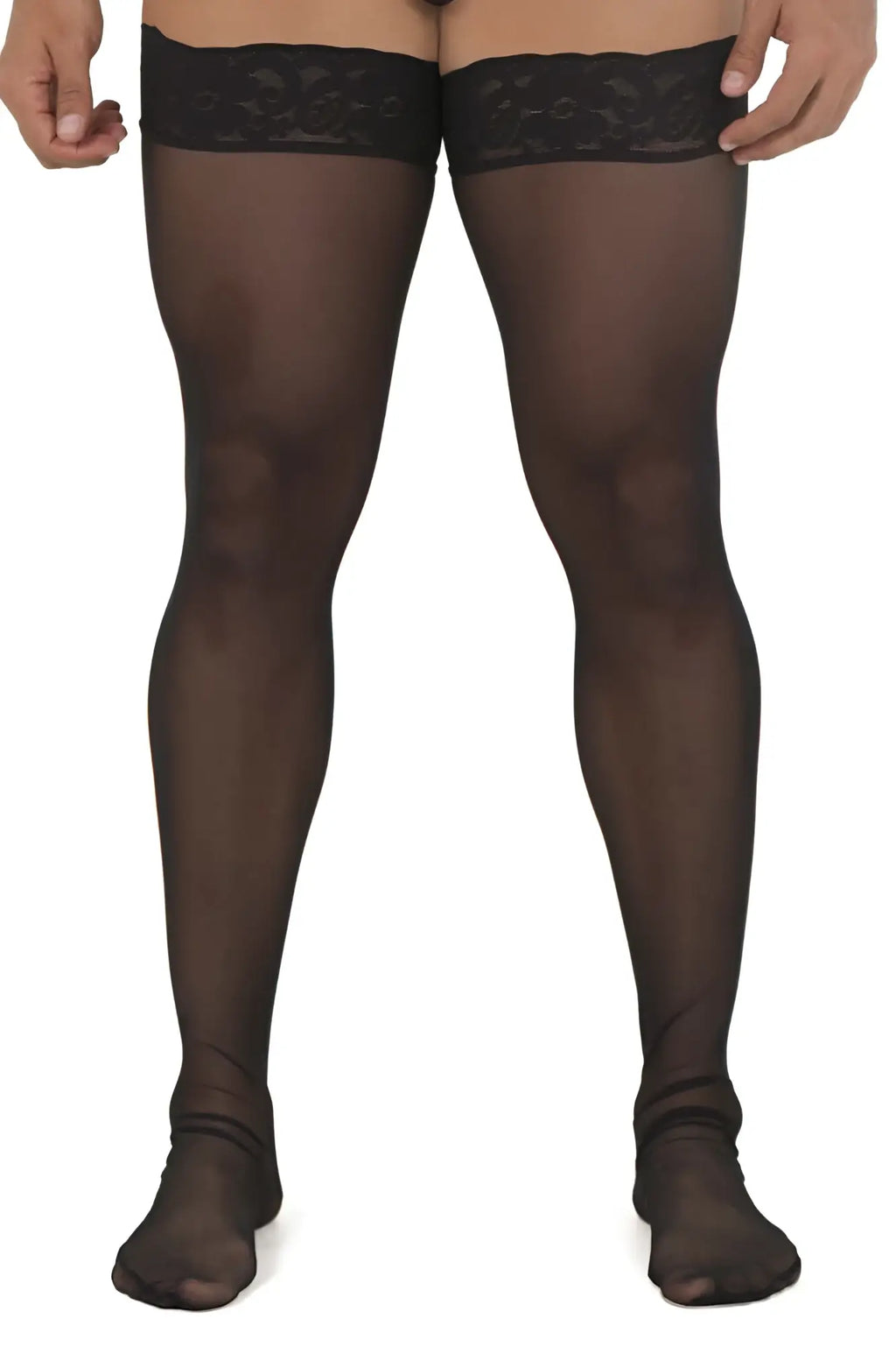 Black sheer mesh thigh highs candyMan 99533 with intricate lace trim at the top