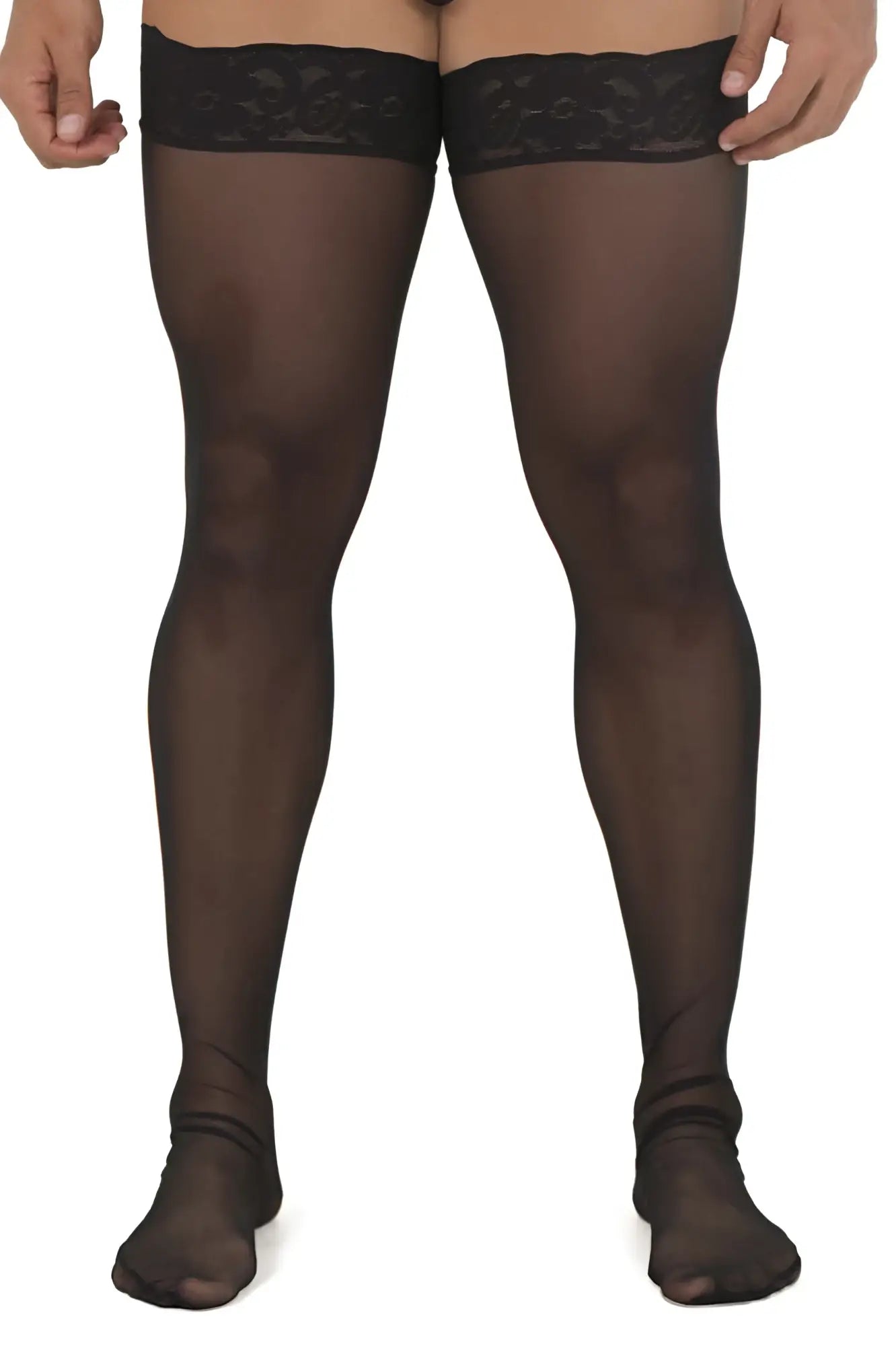 Black sheer mesh thigh highs candyMan 99533 with intricate lace trim at the top