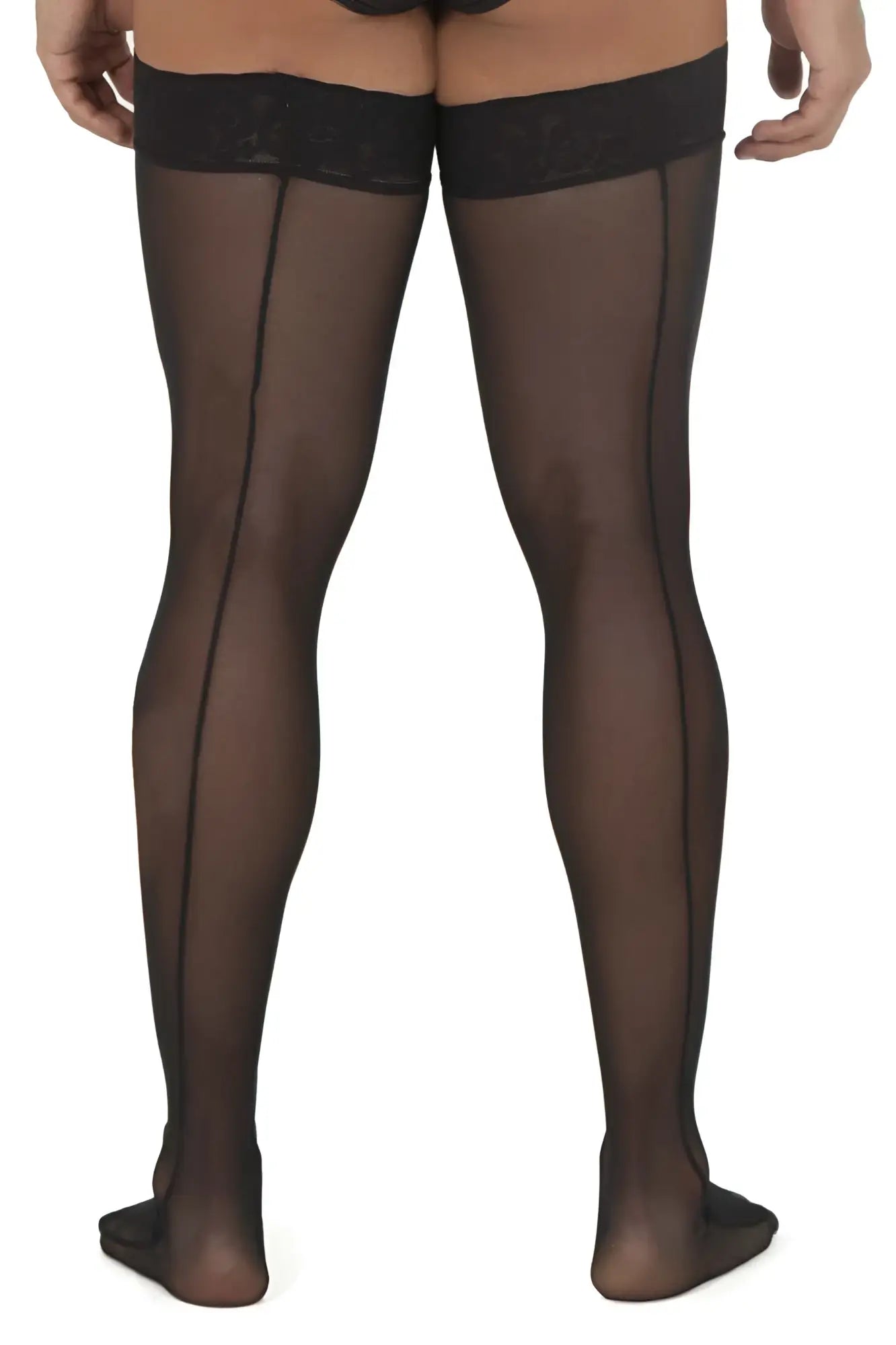 CandyMan 99533 black sheer mesh thigh highs with lace trim and central seam for elegant legwear