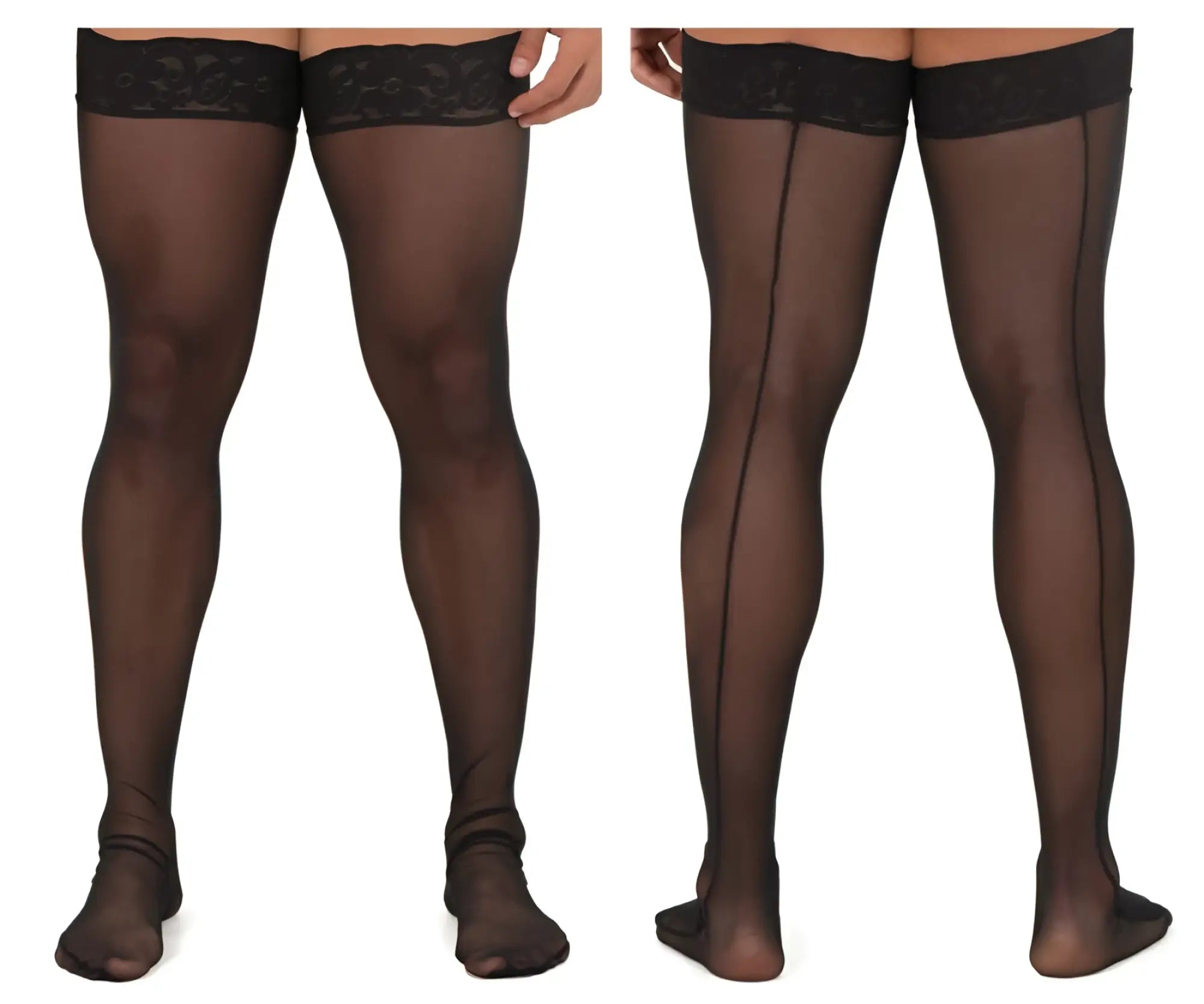 Black CandyMan 99533 mesh thigh highs with sheer lace trim and central seam detailing for a stylish look