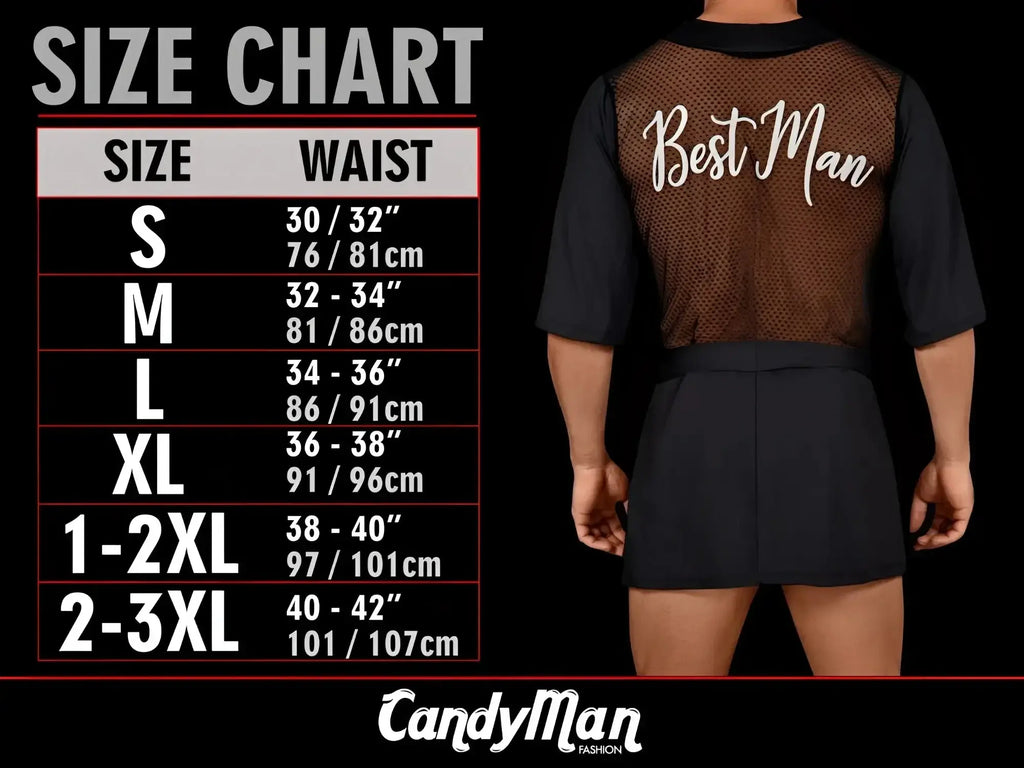 Black mesh vest with best man script in white worn over black shirt and shorts paired with red Candyman mesh thigh highs