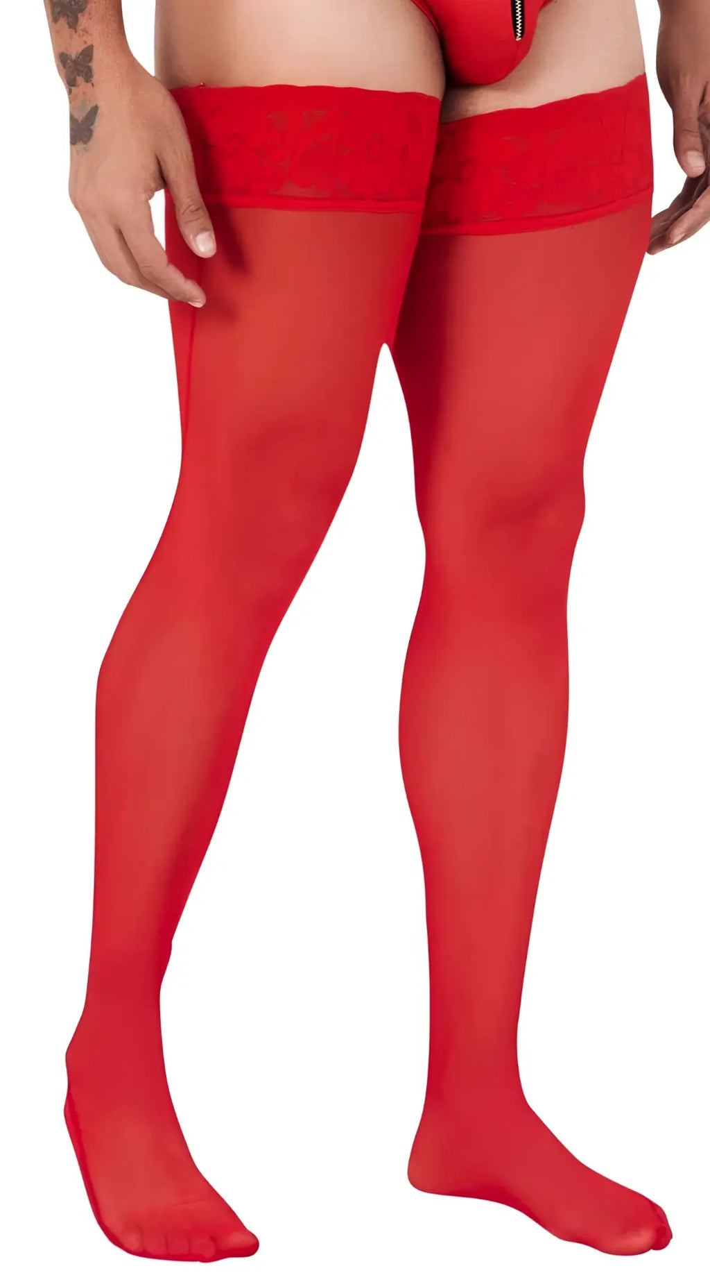 CandyMan 99533 red sheer mesh thigh high stockings with lace trim at the top for elegant legwear