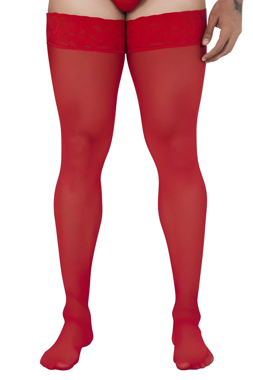 Red candyMan 99533 mesh thigh highs featuring sheer lace trimmed thigh-high stockings