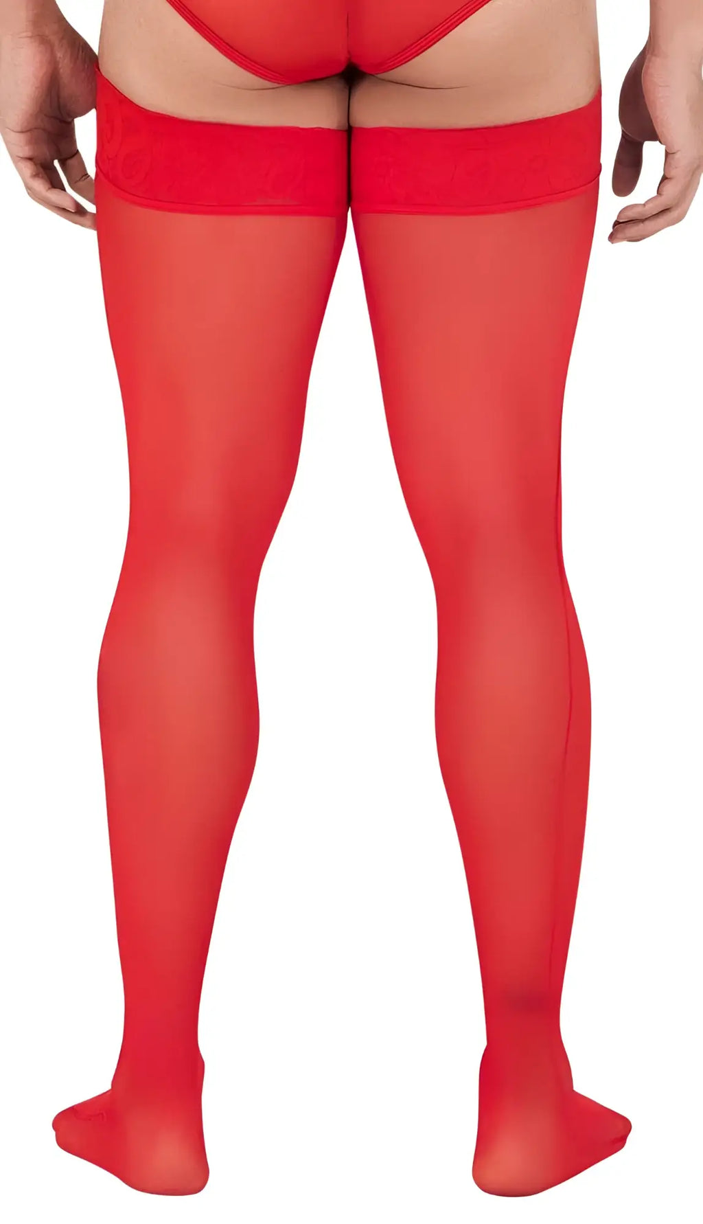 Red sheer mesh thigh high stockings with lace trim at the top candyMan 99533 in red color