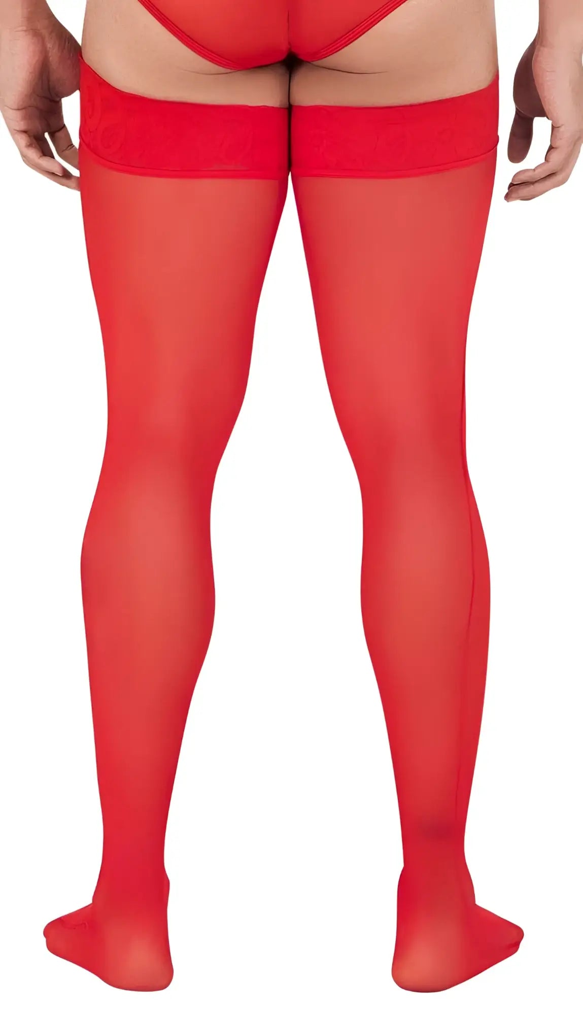 Red sheer mesh thigh high stockings with lace trim at the top candyMan 99533 in red color