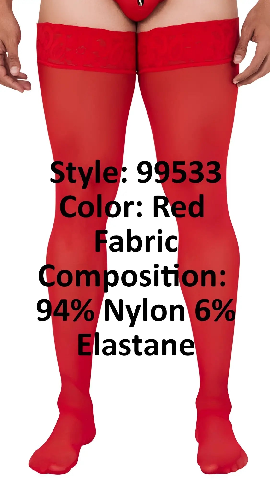 CandyMan 99533 mesh thigh highs in red sheer nylon elastane with lace trim at the top
