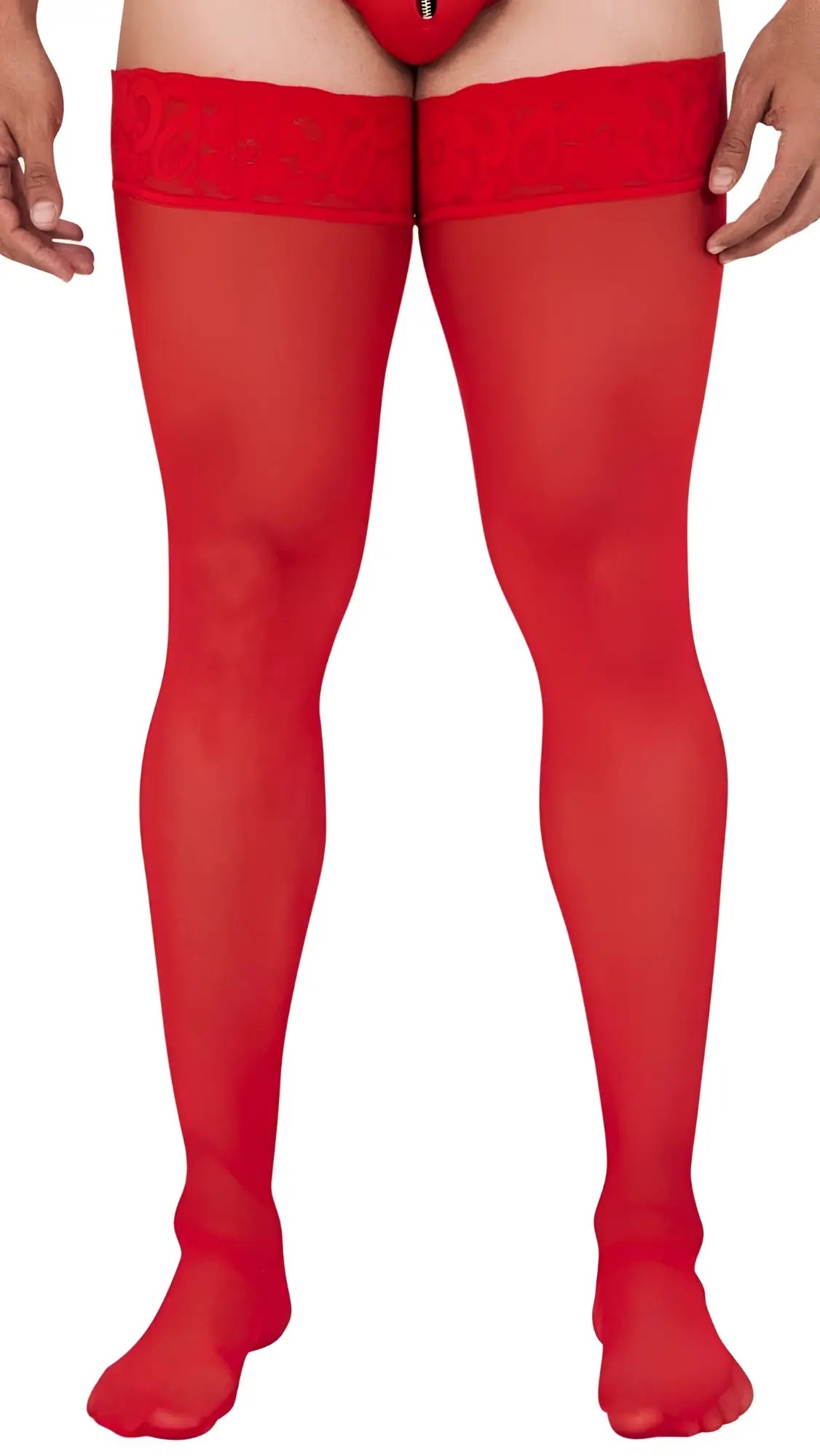 CandyMan 99533 red sheer mesh thigh highs with lace trim at top for elegant lingerie look