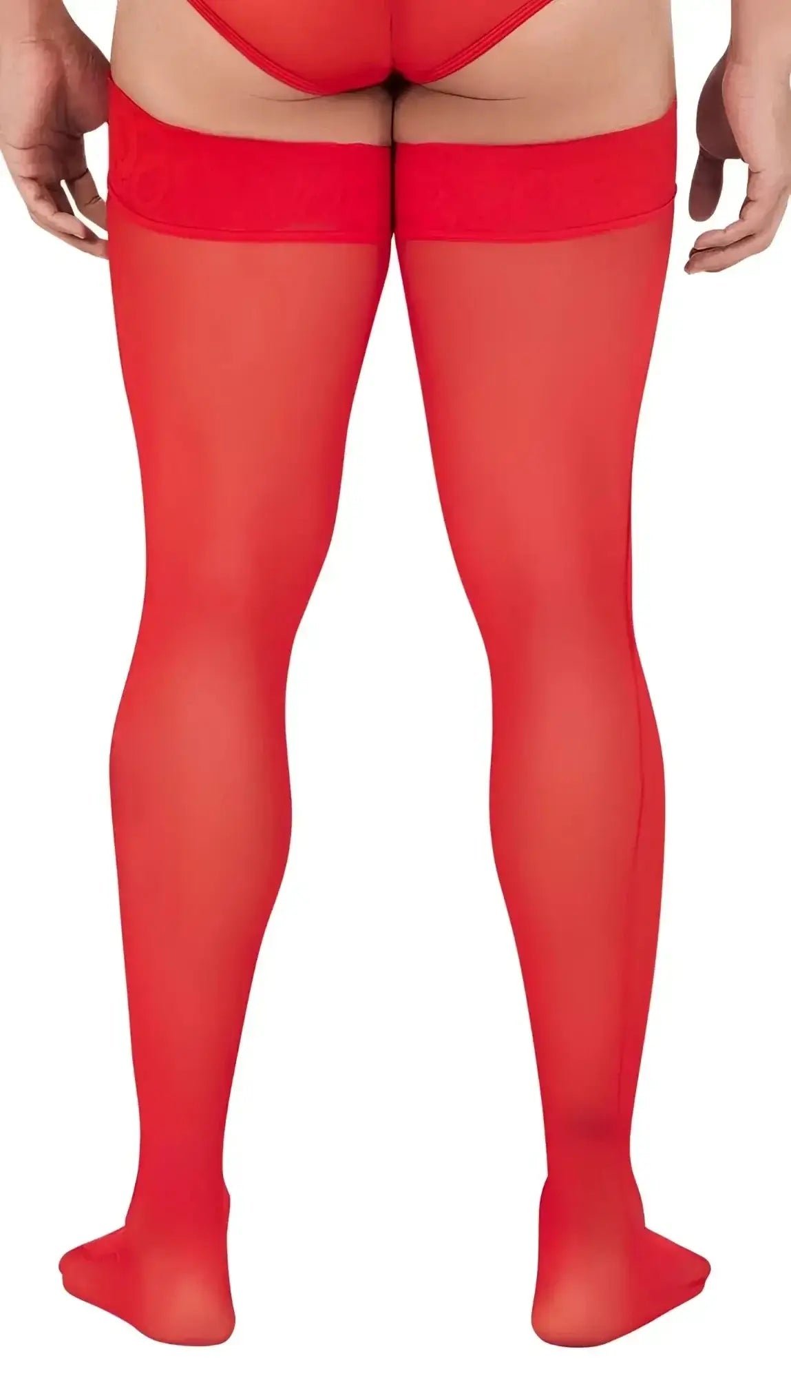 Red sheer mesh thigh high stockings with lace trim at the top candyMan 99533 in red color