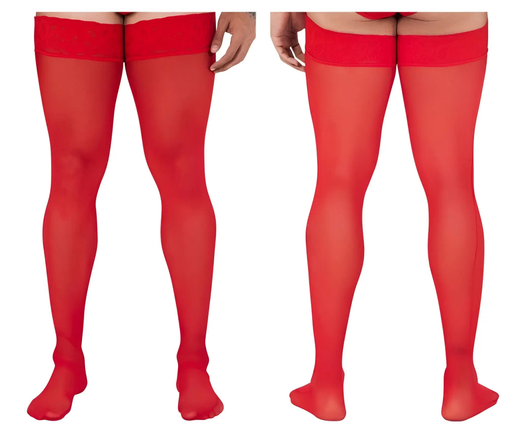 CandyMan 99533 red mesh thigh highs with sheer fabric and solid elastic band for comfortable wear