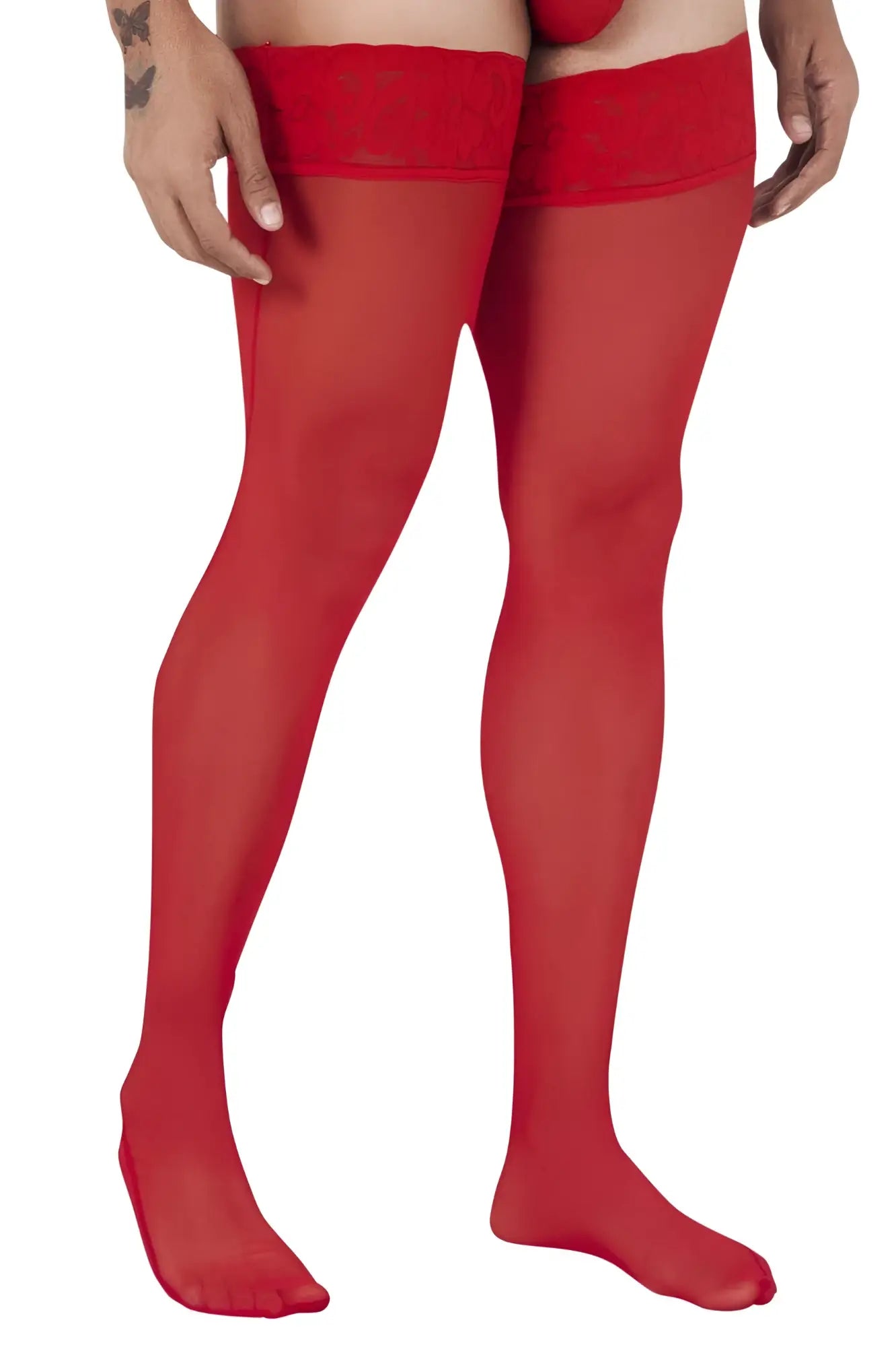 Red sheer candyMan 99533 mesh thigh highs with solid red elastic band at the top