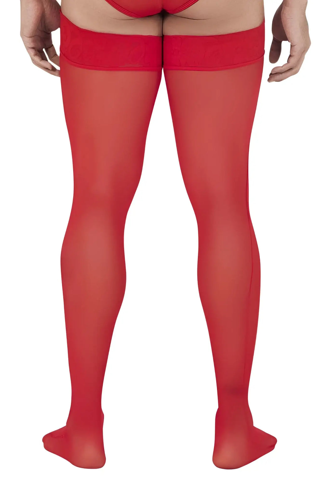 Red sheer mesh CandyMan 99533 thigh-high stockings with a solid red elastic band at the top