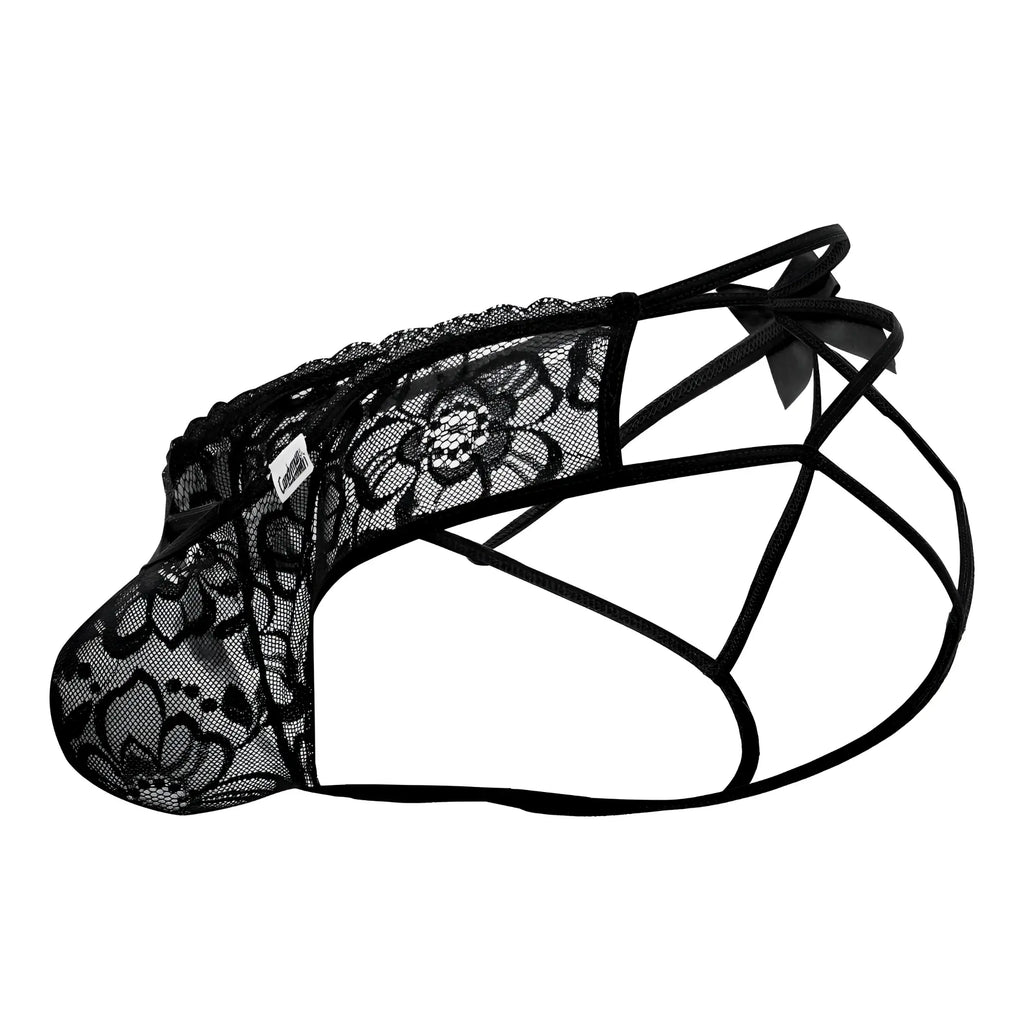 Candyman 99535 bow jockstrap in black lace with floral pattern and crisscross straps for men