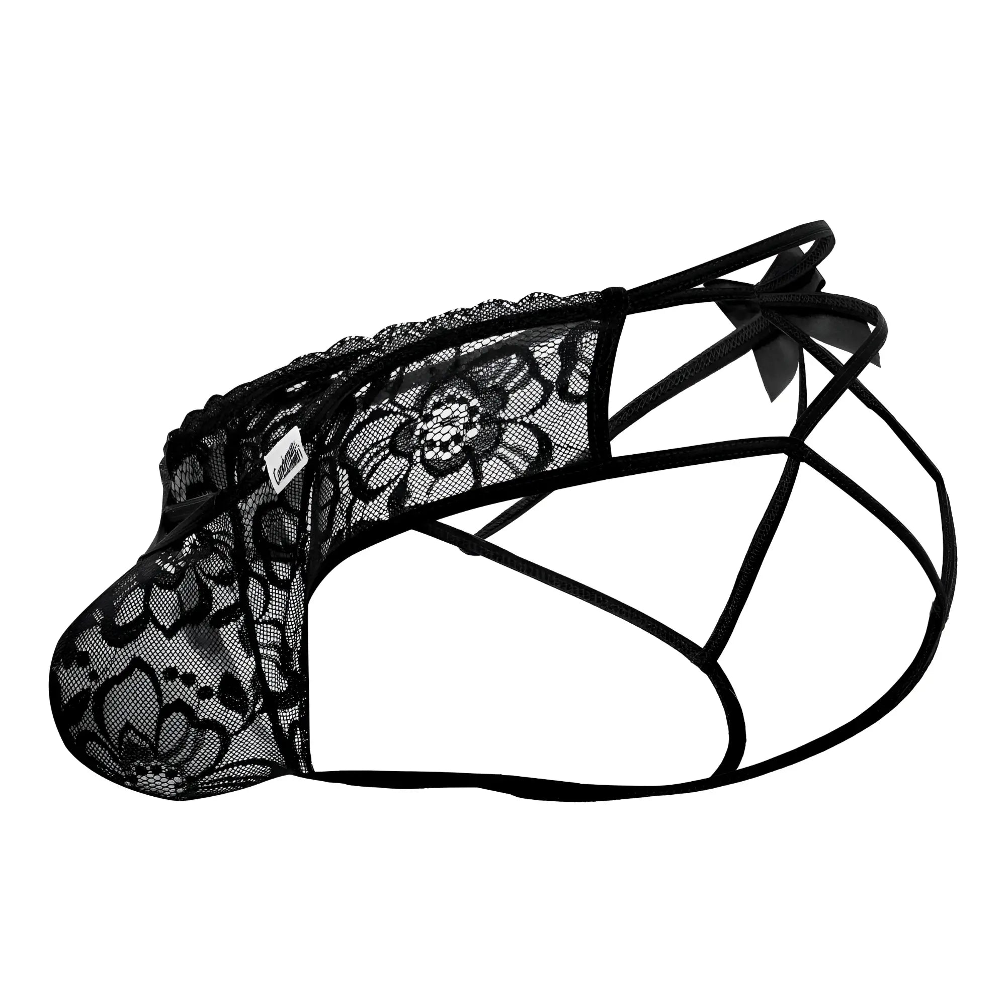 Candyman 99535 bow jockstrap in black lace with floral pattern and crisscross straps for men