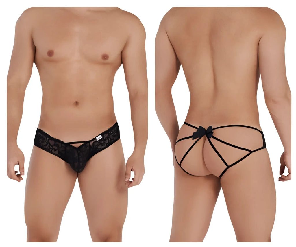 Back view of black candyMan 99535 bow jockstrap featuring lace thong material and crisscross straps