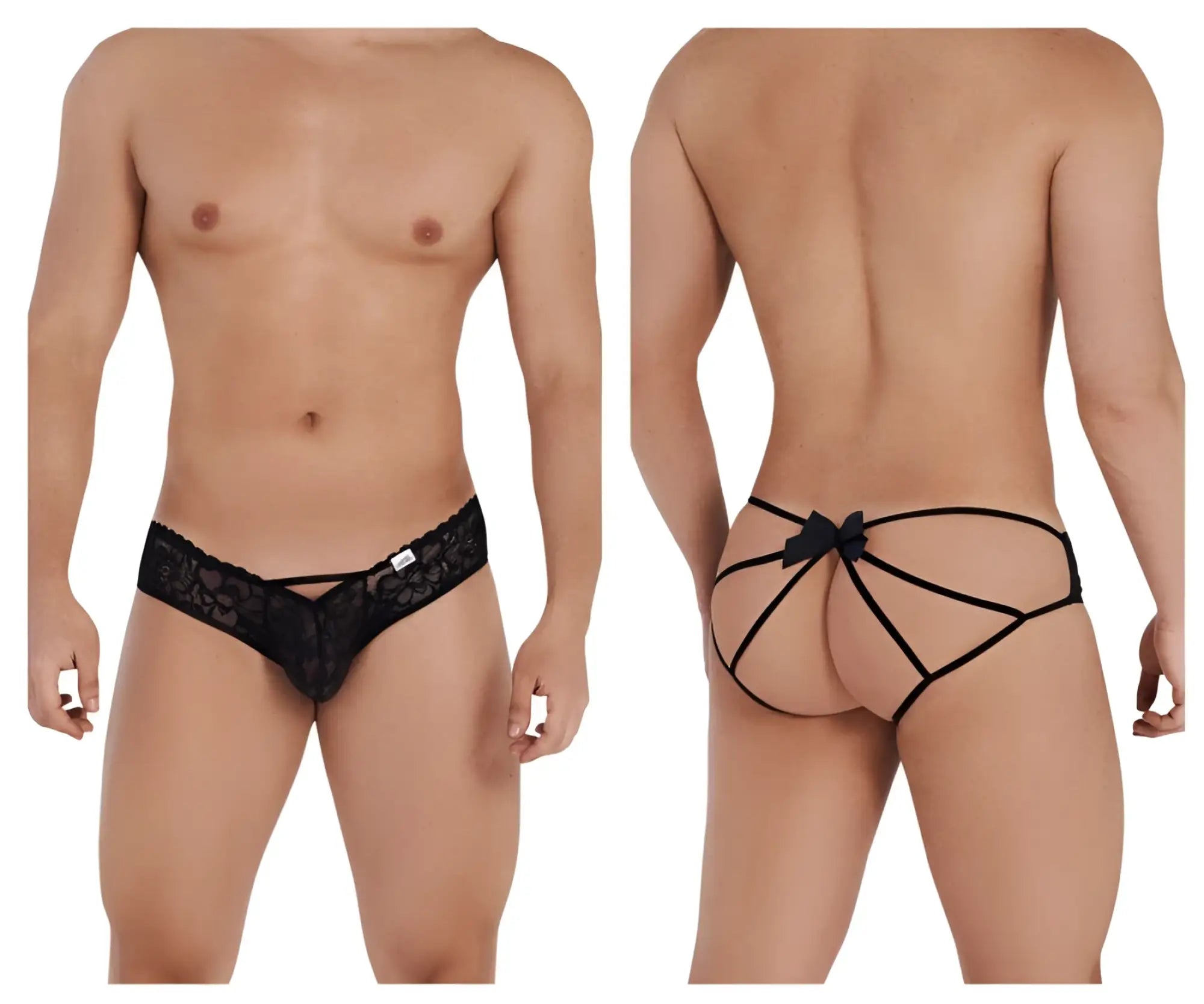 Back view of black candyMan 99535 bow jockstrap featuring lace thong material and crisscross straps