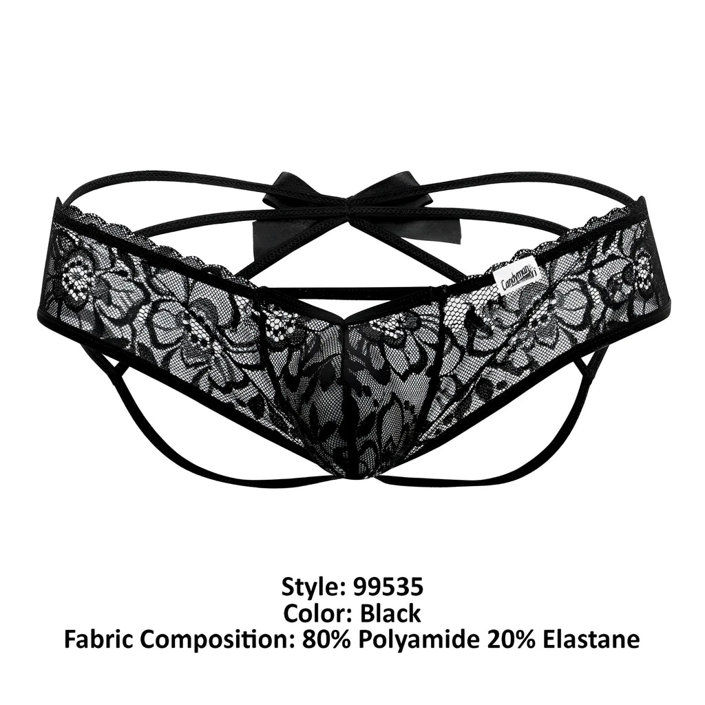 Black lace thong candyMan 99535 bow jockstrap with floral pattern and central bow on the back in black