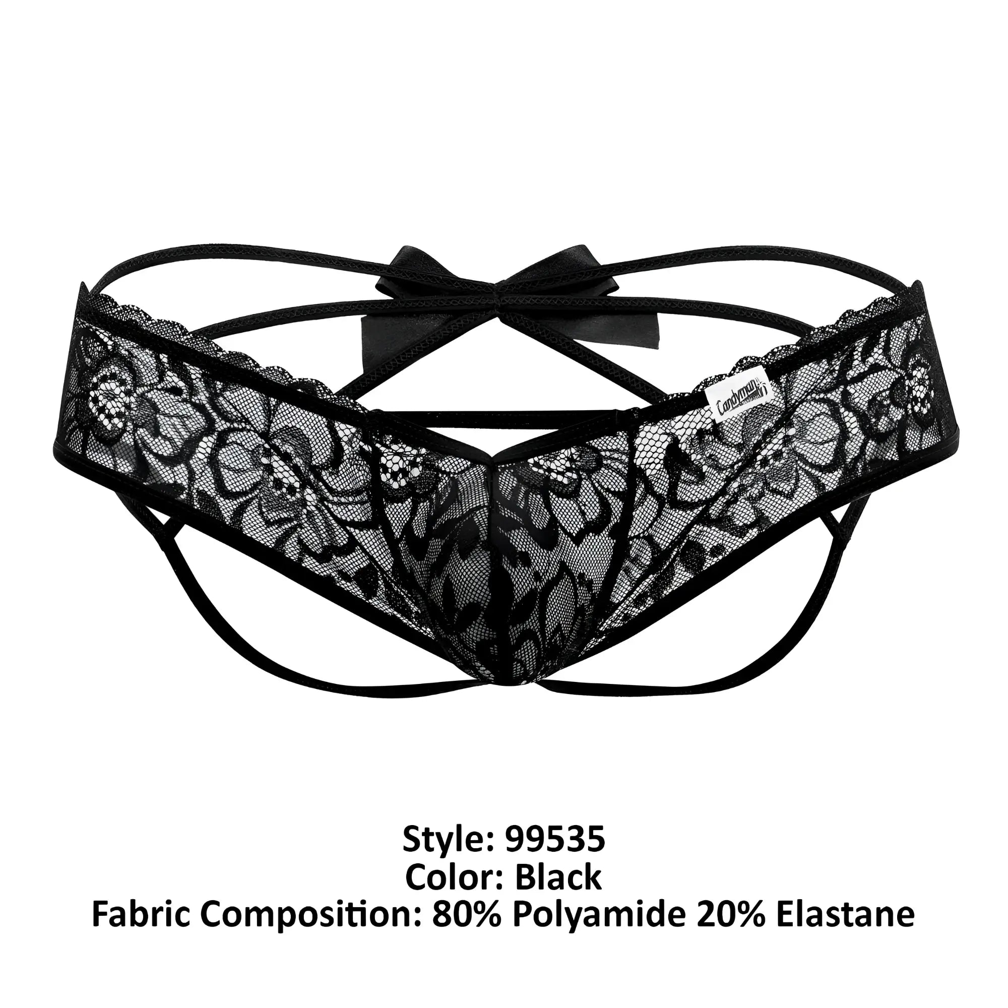Black lace thong candyMan 99535 bow jockstrap with floral pattern and central bow on the back in black