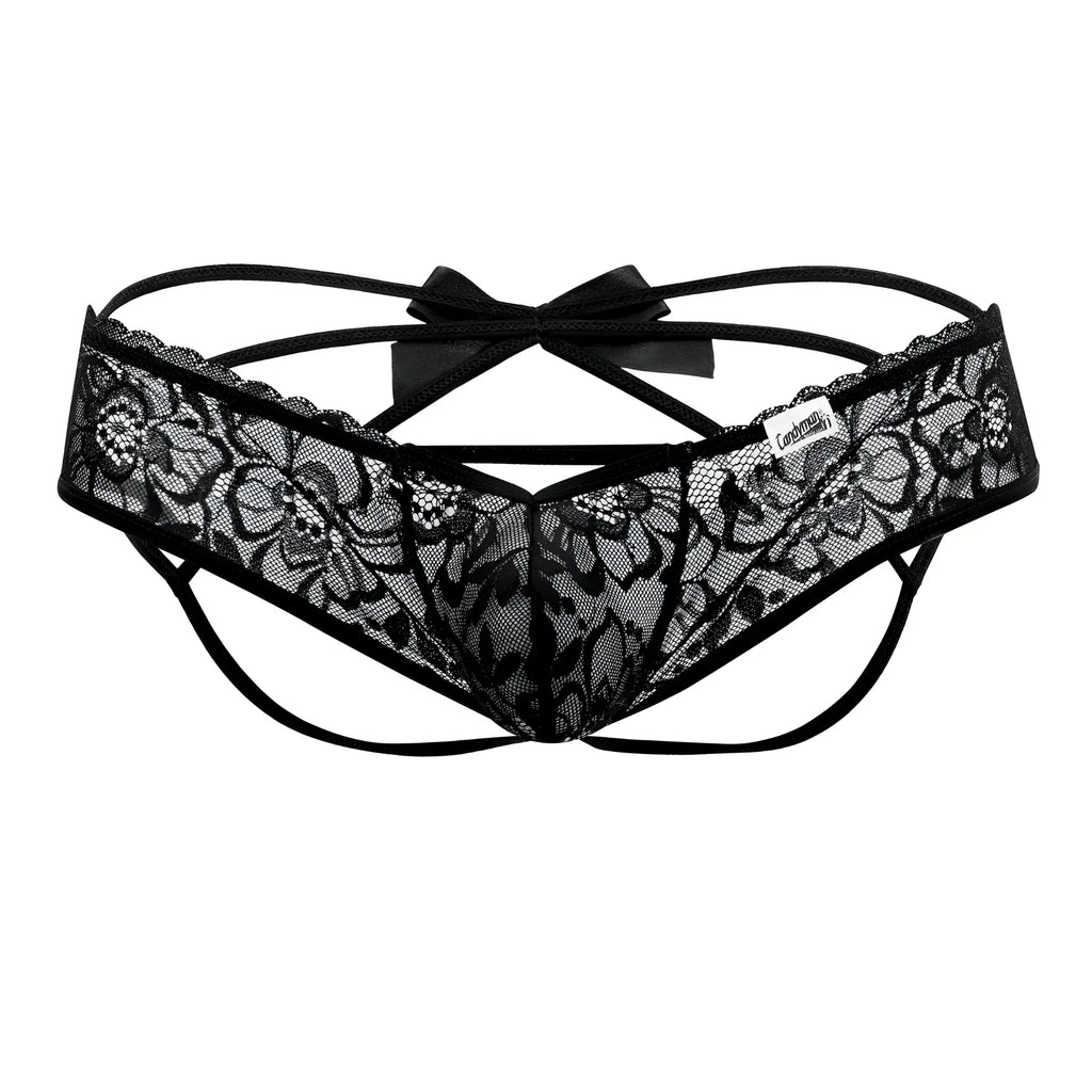 Black lace thong CandyMan 99535 bow jockstrap with floral pattern and central bow shown from the back