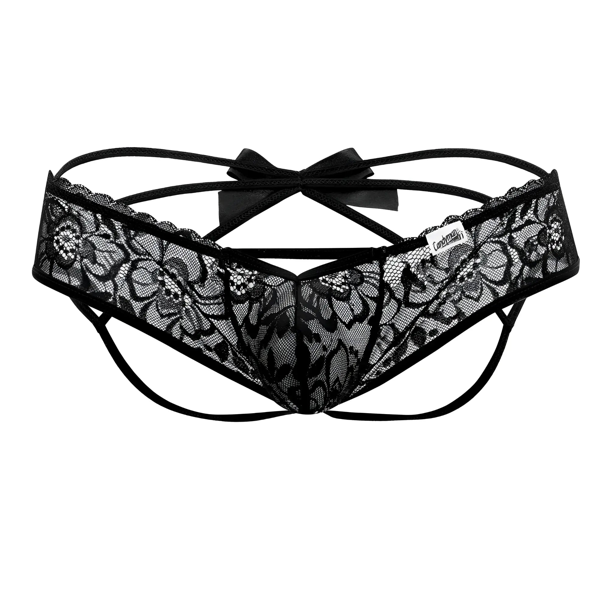 Black lace thong CandyMan 99535 bow jockstrap with floral pattern and central bow shown from the back