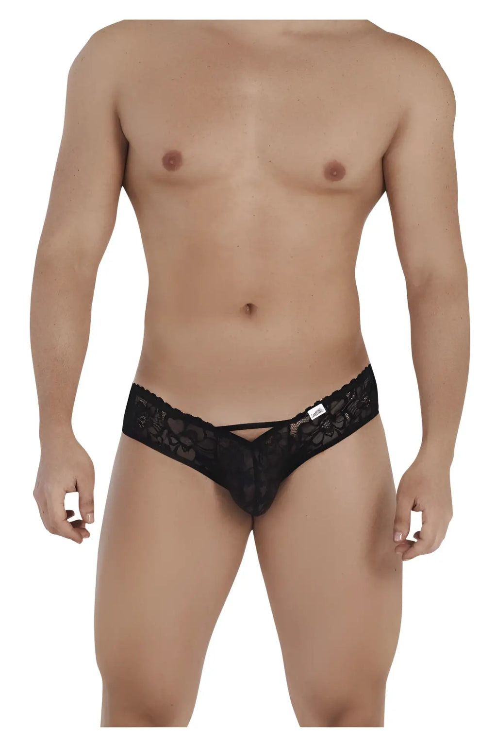 Black lace thong with floral pattern and small white tag on waistband candyMan 99535 bow jockstrap in black