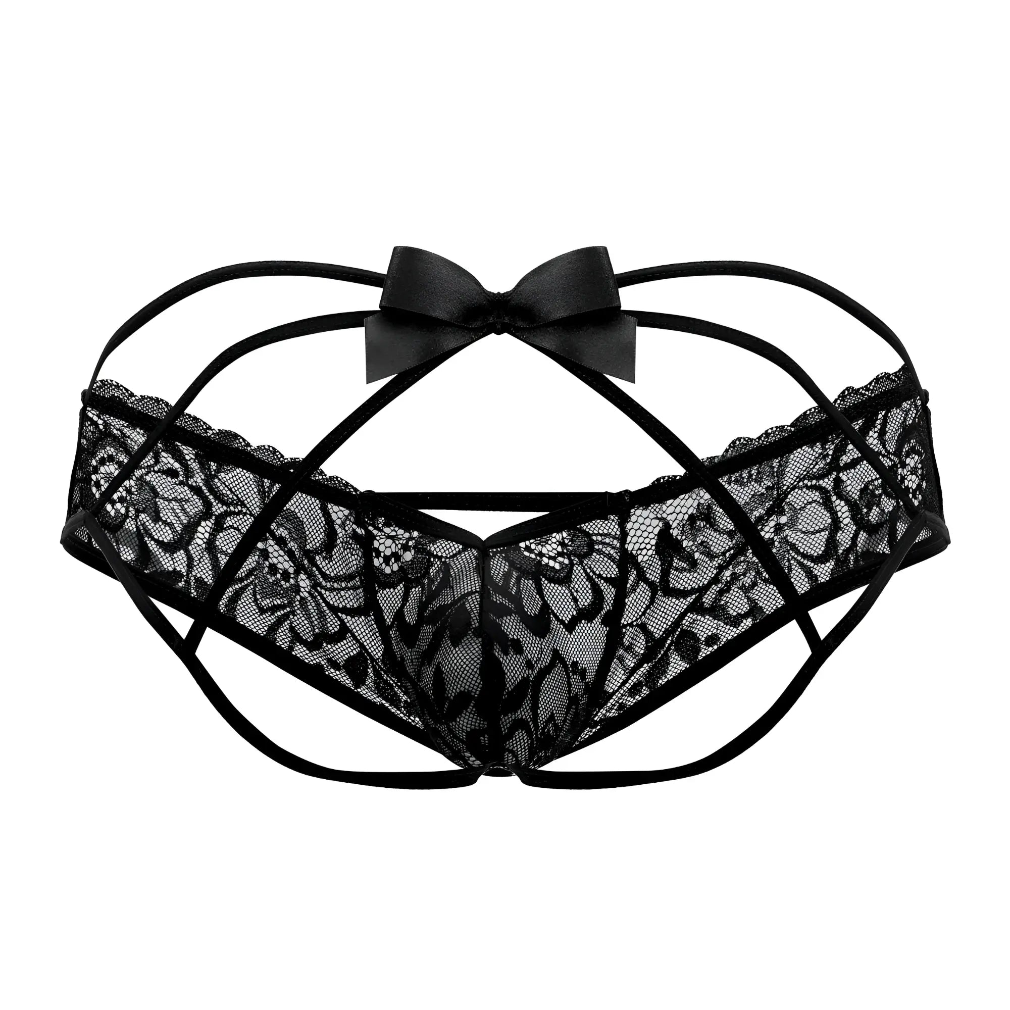 Black lace thong with satin bow at center from candyman 99535 bow jockstrap in black color