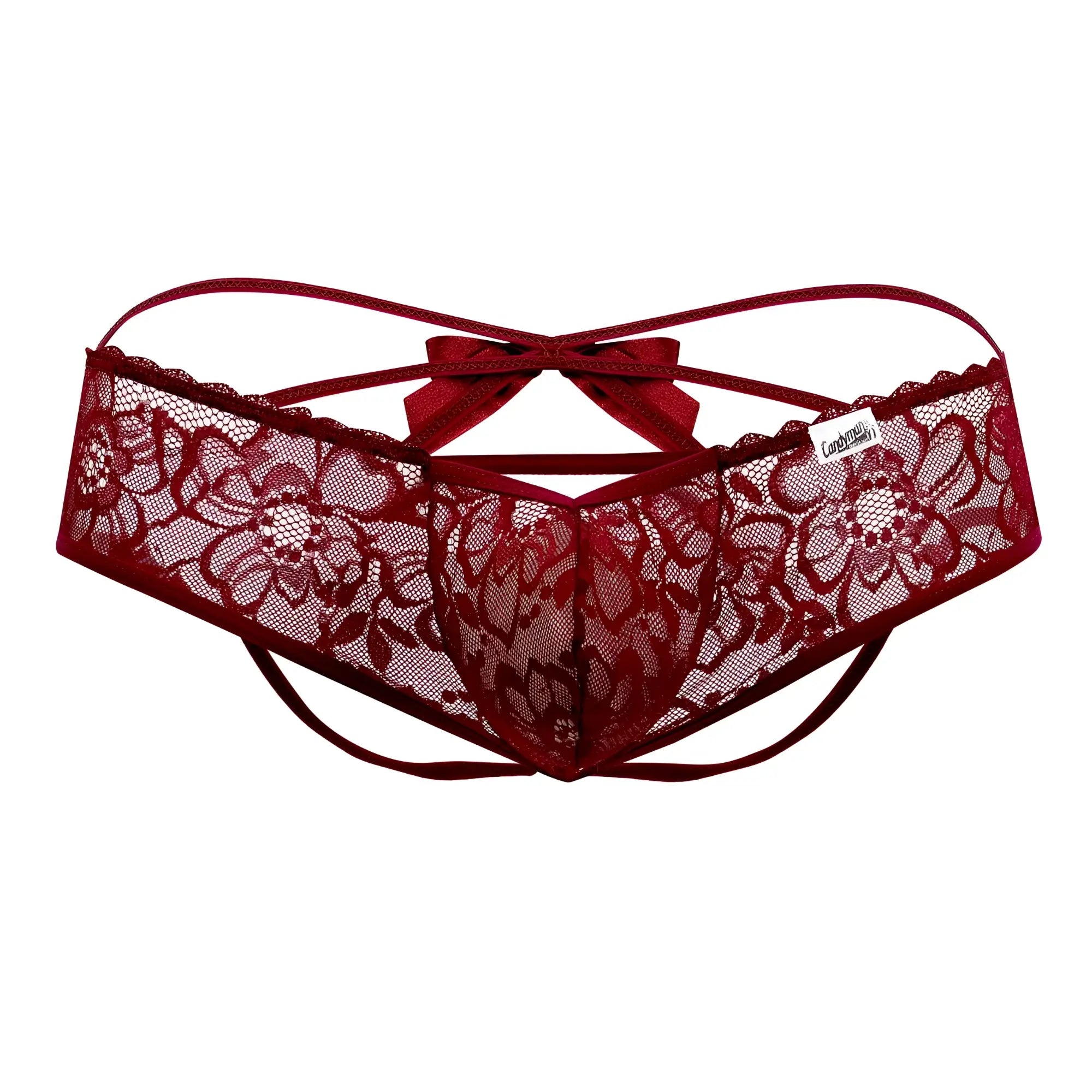 A deep red lace candy man 99535 bow jockstrap with floral patterns and a matching bow at the back shown from behind