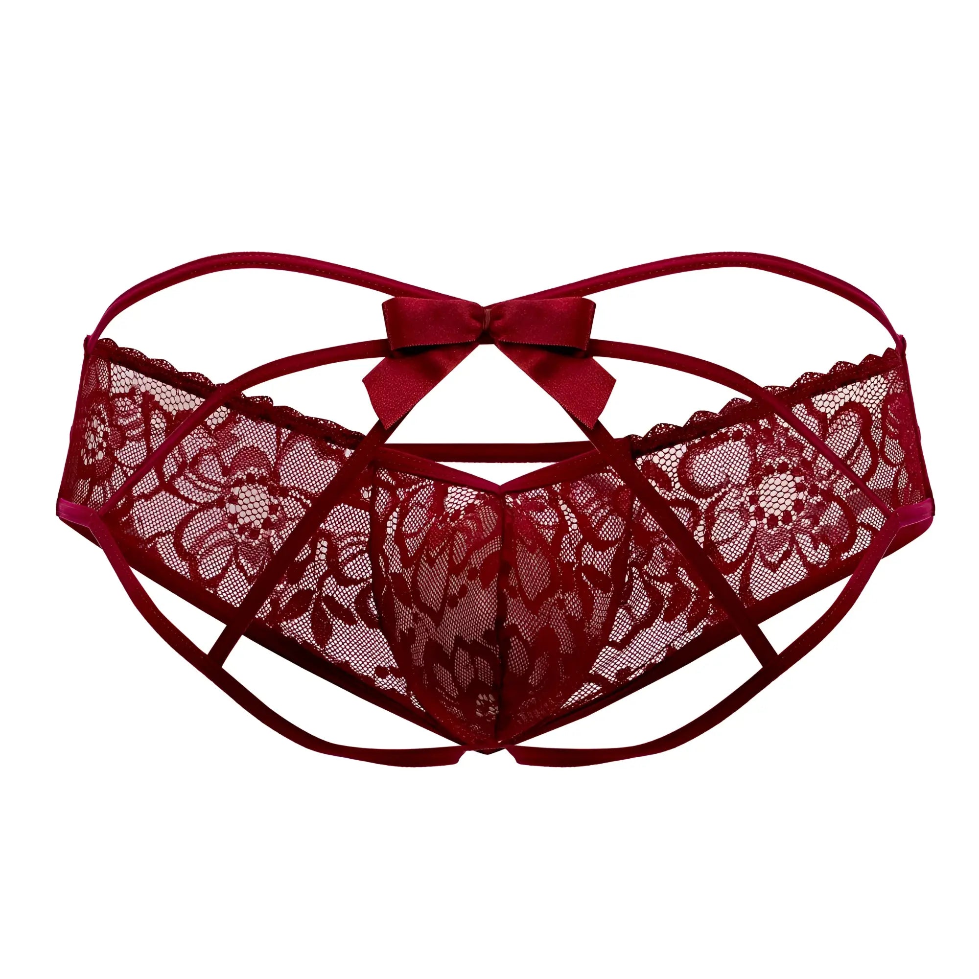 Back view of burgundy candyMan 99535 lace thong with satin bow highlighting its jockstrap design