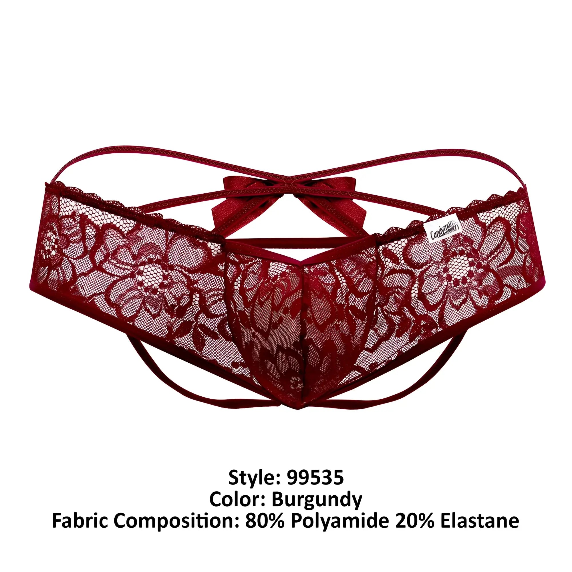 Burgundy lace thong with floral pattern and matching bow at the back from candyman 99535 bow jockstrap collection
