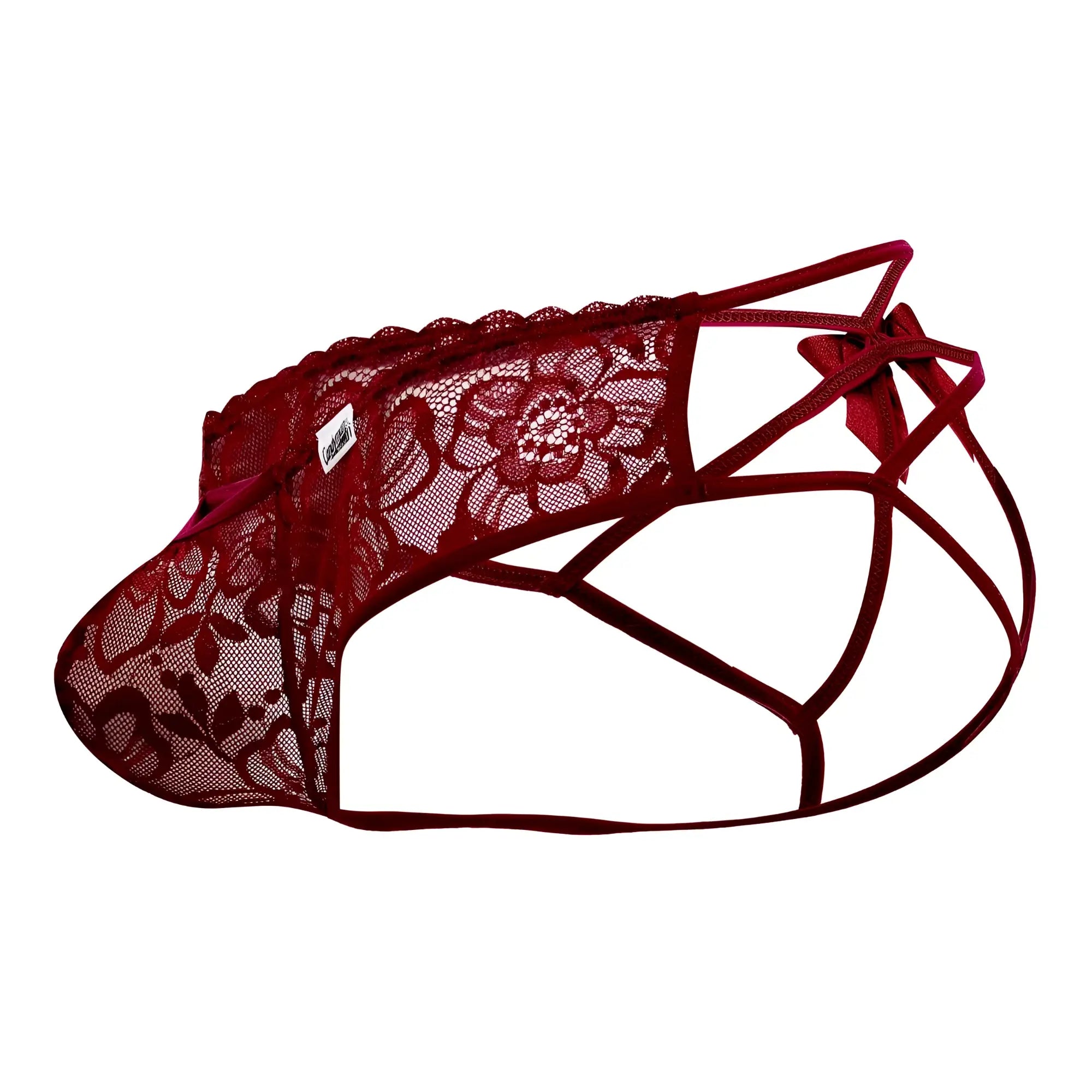 CandyMan 99535 bow jockstrap burgundy maroon lace thong with floral patterns and crisscross straps back view