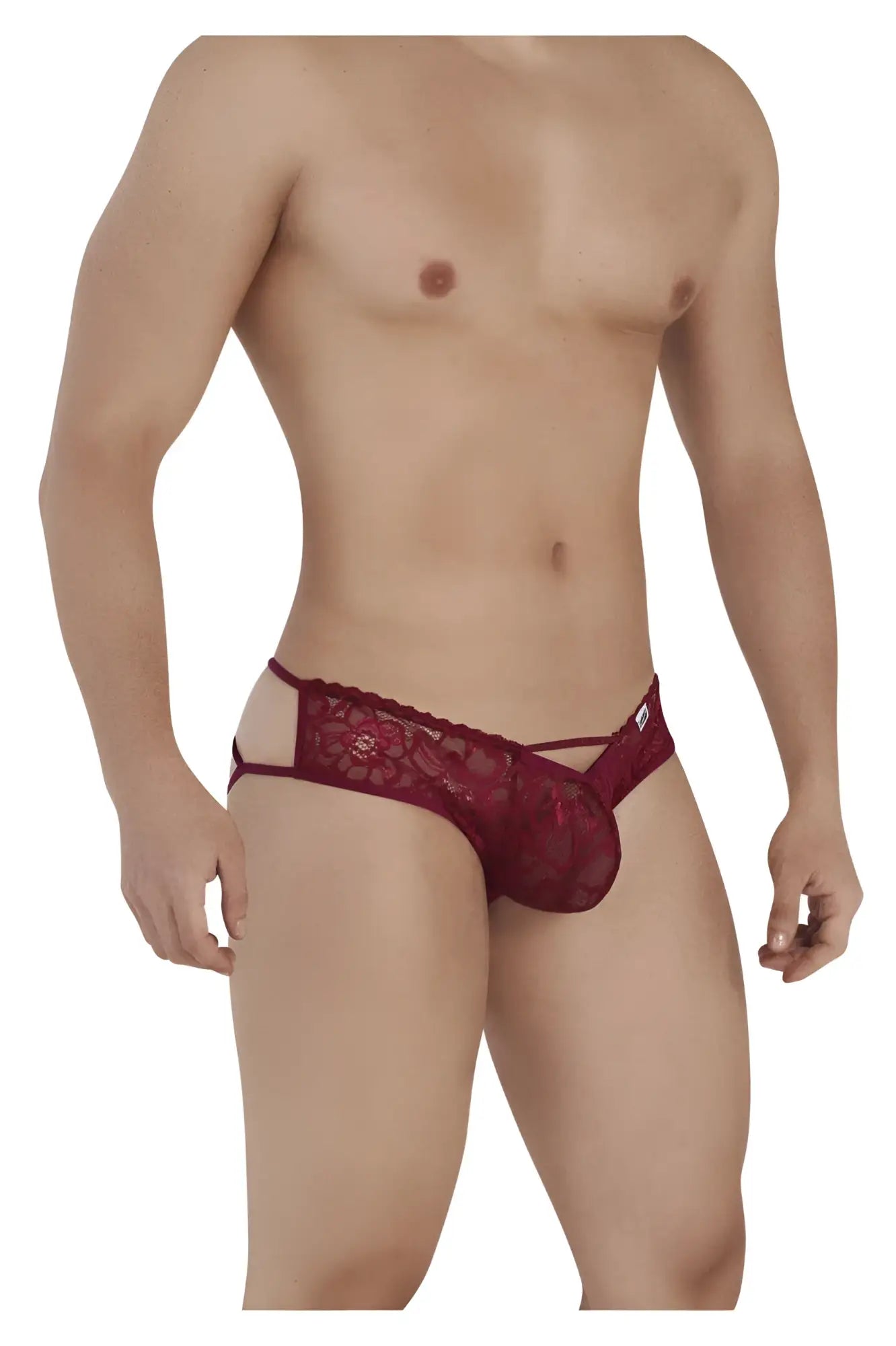 CandyMan 99535 bow jockstrap in burgundy with a maroon lace thong featuring intricate floral patterns and cut-out design