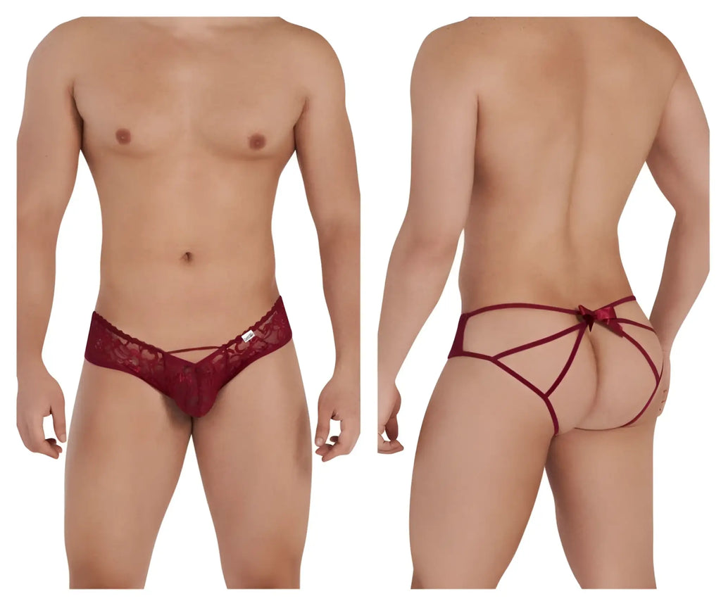 Red lace burgundy bow jockstrap showing the back side with a decorative bow by candyman 99535