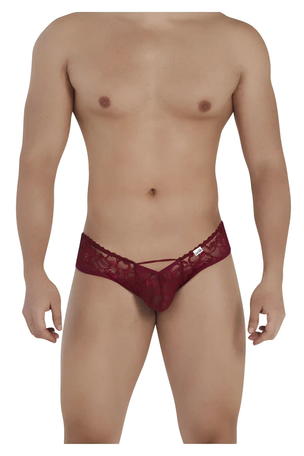 Burgundy candyman 99535 bow jockstrap red lace thong with intricate floral patterns and sheer fabric design