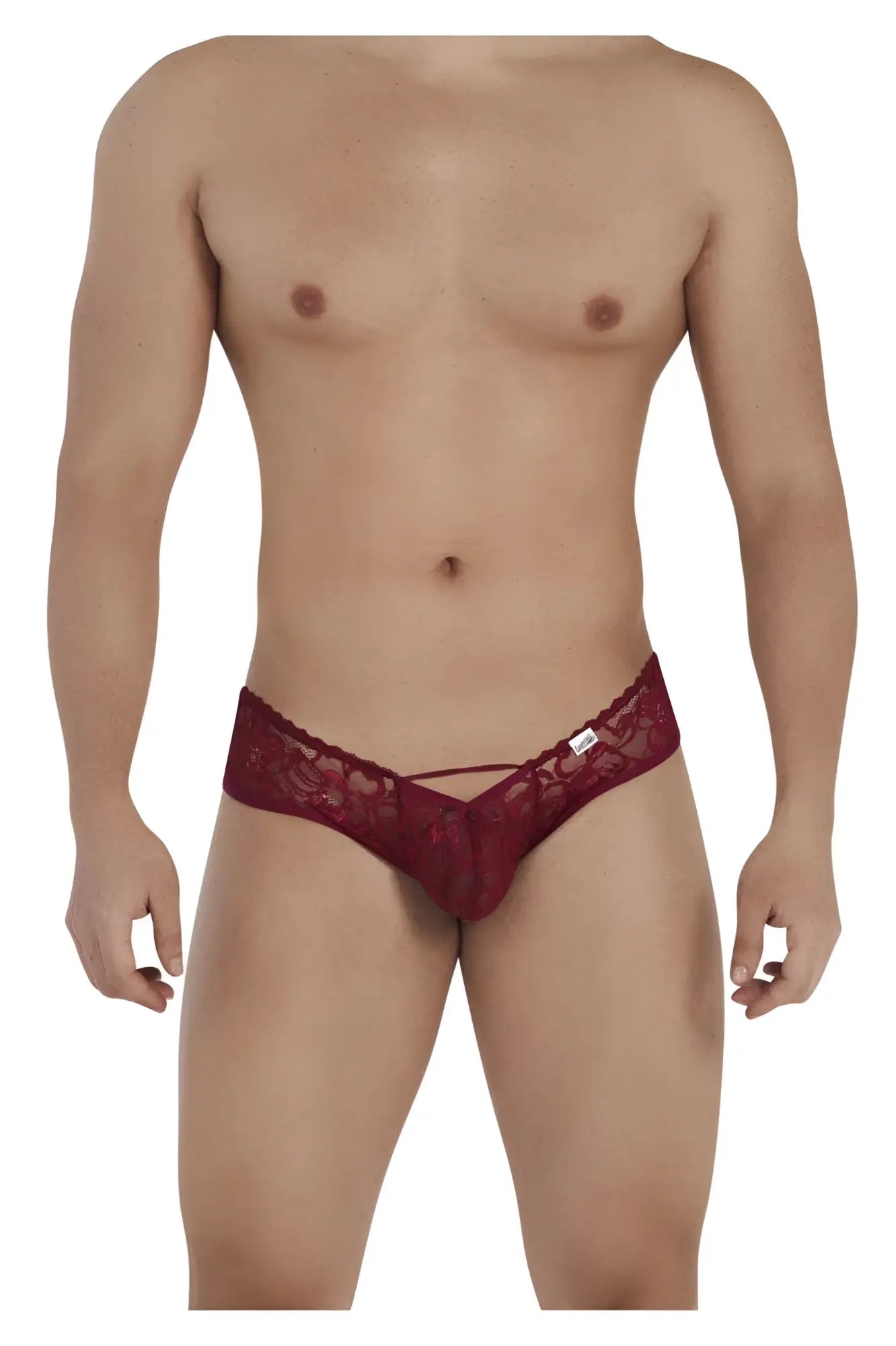 Burgundy candyman 99535 bow jockstrap red lace thong with intricate floral patterns and sheer fabric design