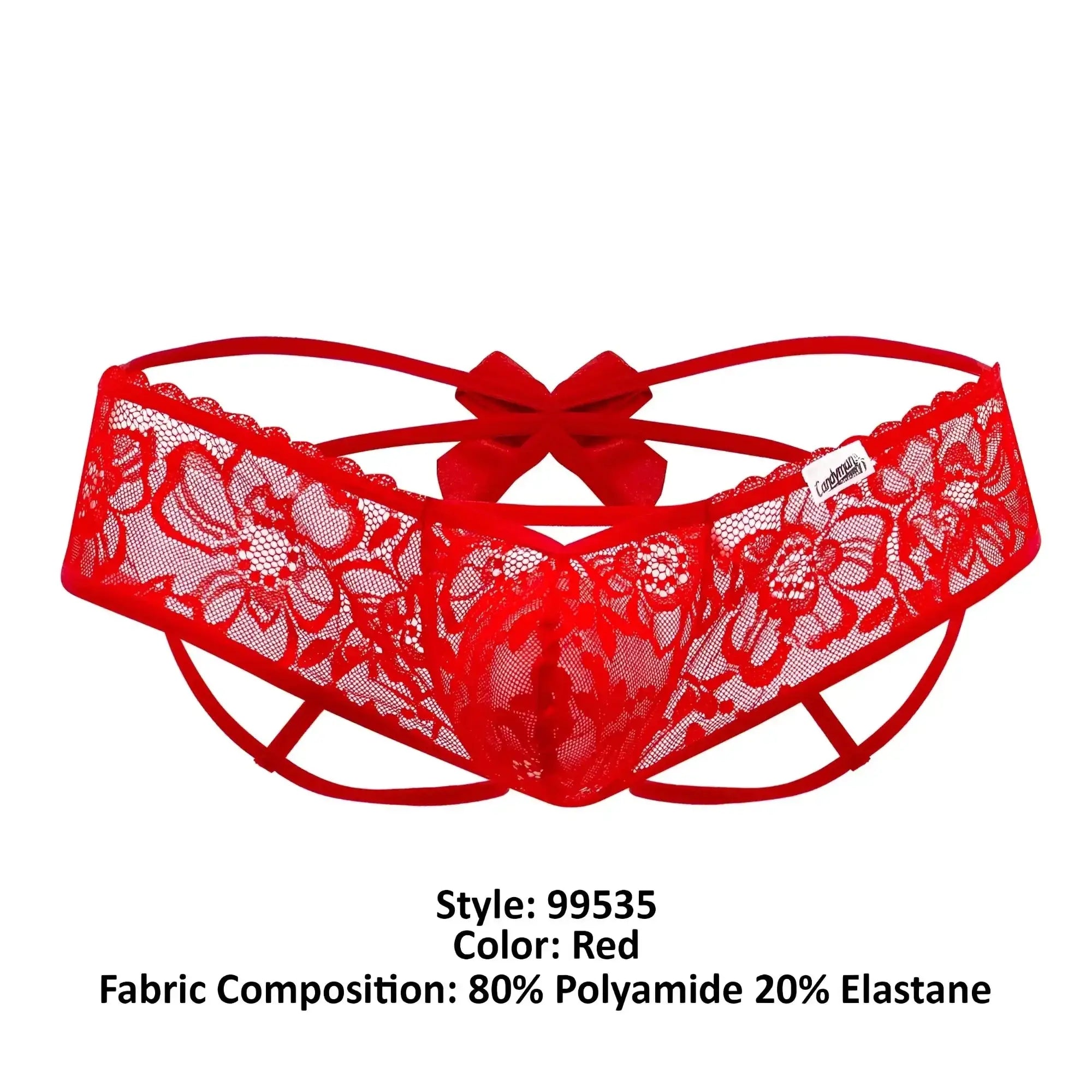 Red lace candyMan 99535 bow jockstrap with floral pattern and central bow in vibrant red color