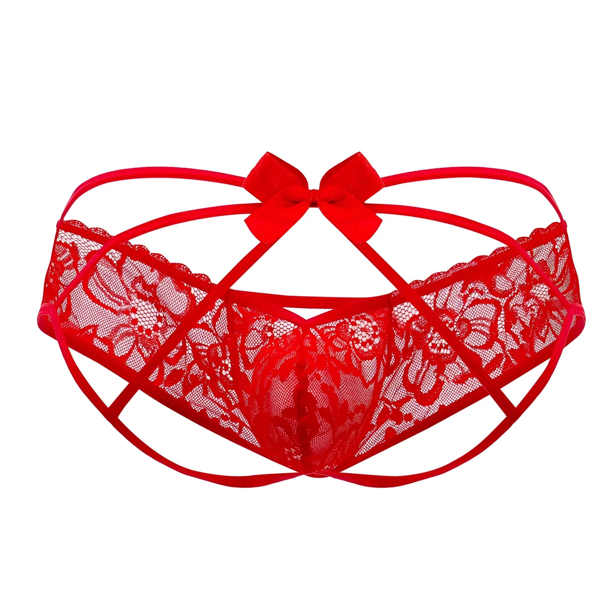 Red lace candyMan 99535 bow jockstrap with central bow and crisscross straps for bold intimate wear