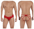 Back view of a red candyMan 99535 bow jockstrap featuring a lace thong design with a decorative bow detail