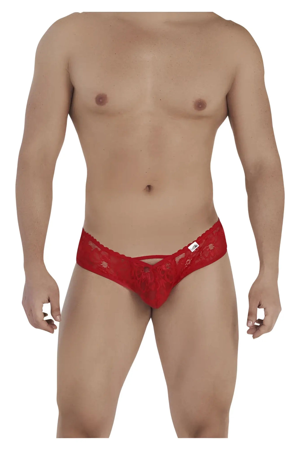 Red lace thong CandyMan 99535 bow jockstrap in red with delicate floral pattern and small white waistband tag
