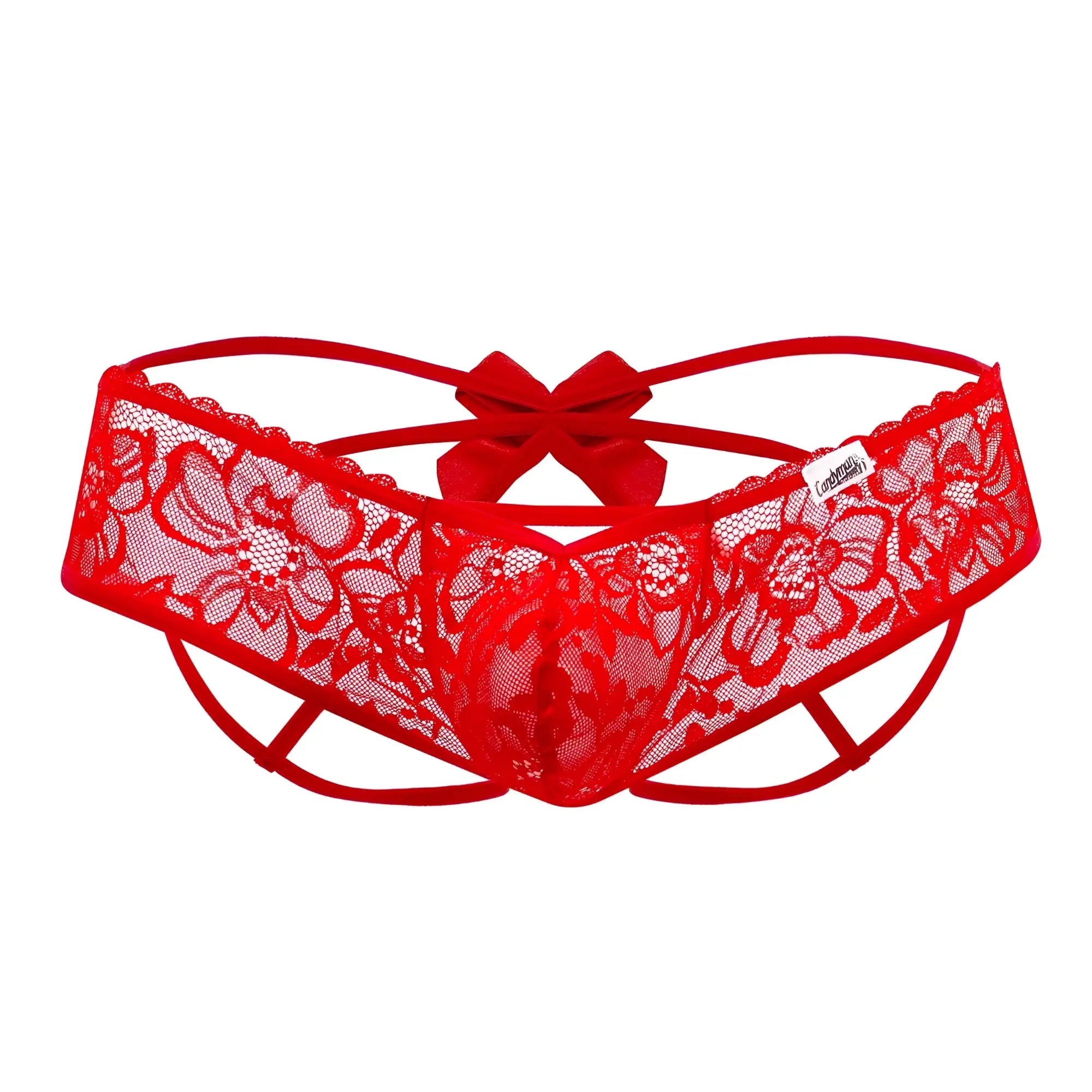 Red lace thong with floral patterns and a matching satin bow at the back candyMan 99535 bow jockstrap red