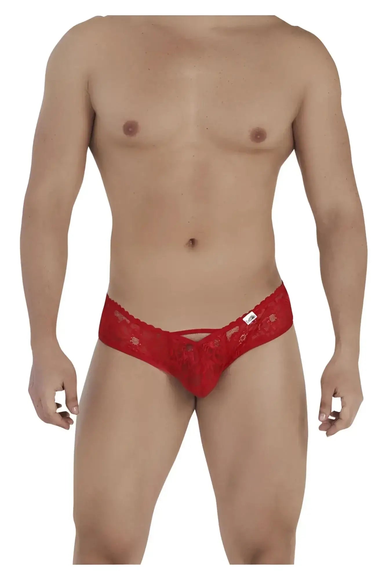 Red lace thong CandyMan 99535 bow jockstrap in red with delicate floral pattern and small white waistband tag