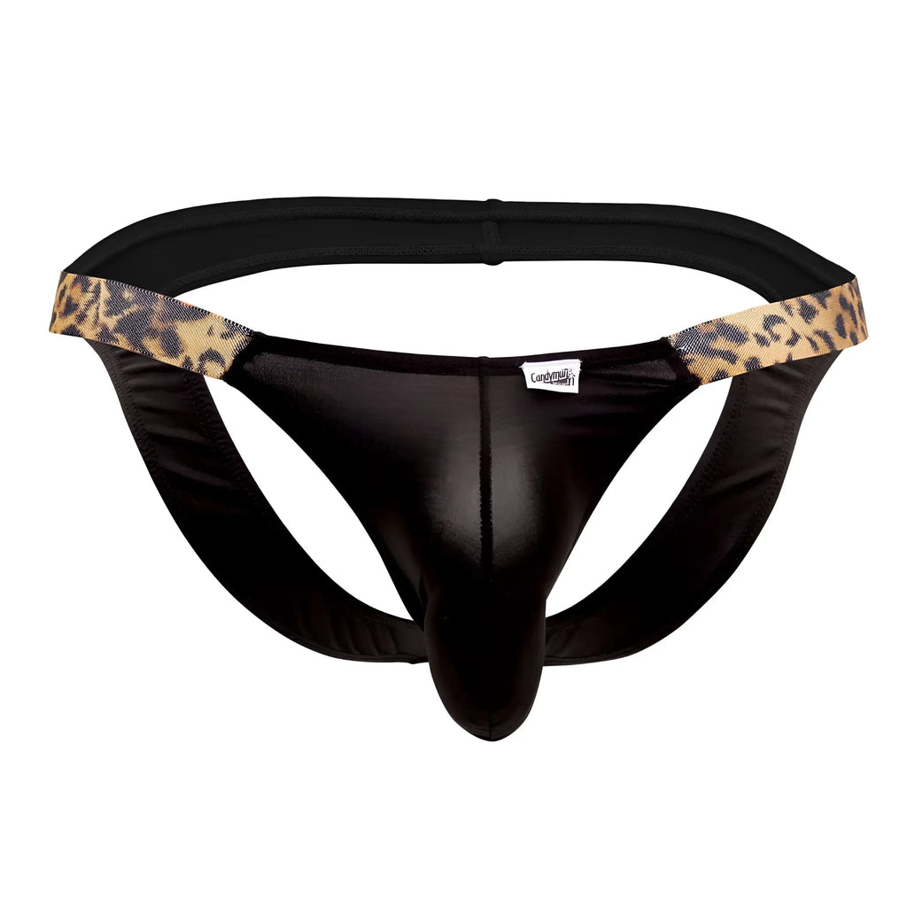 Black satin-like thong bikini jockstrap with leopard-print trim on waistband by candyman 99536x