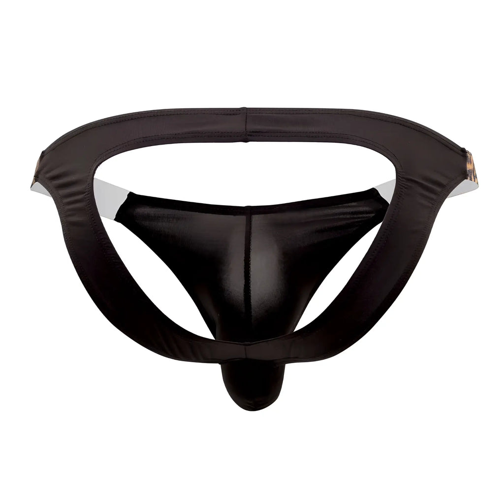 Black shiny fabric CandyMan 99536X bikini jockstrap with white inner lining and small metallic side tag