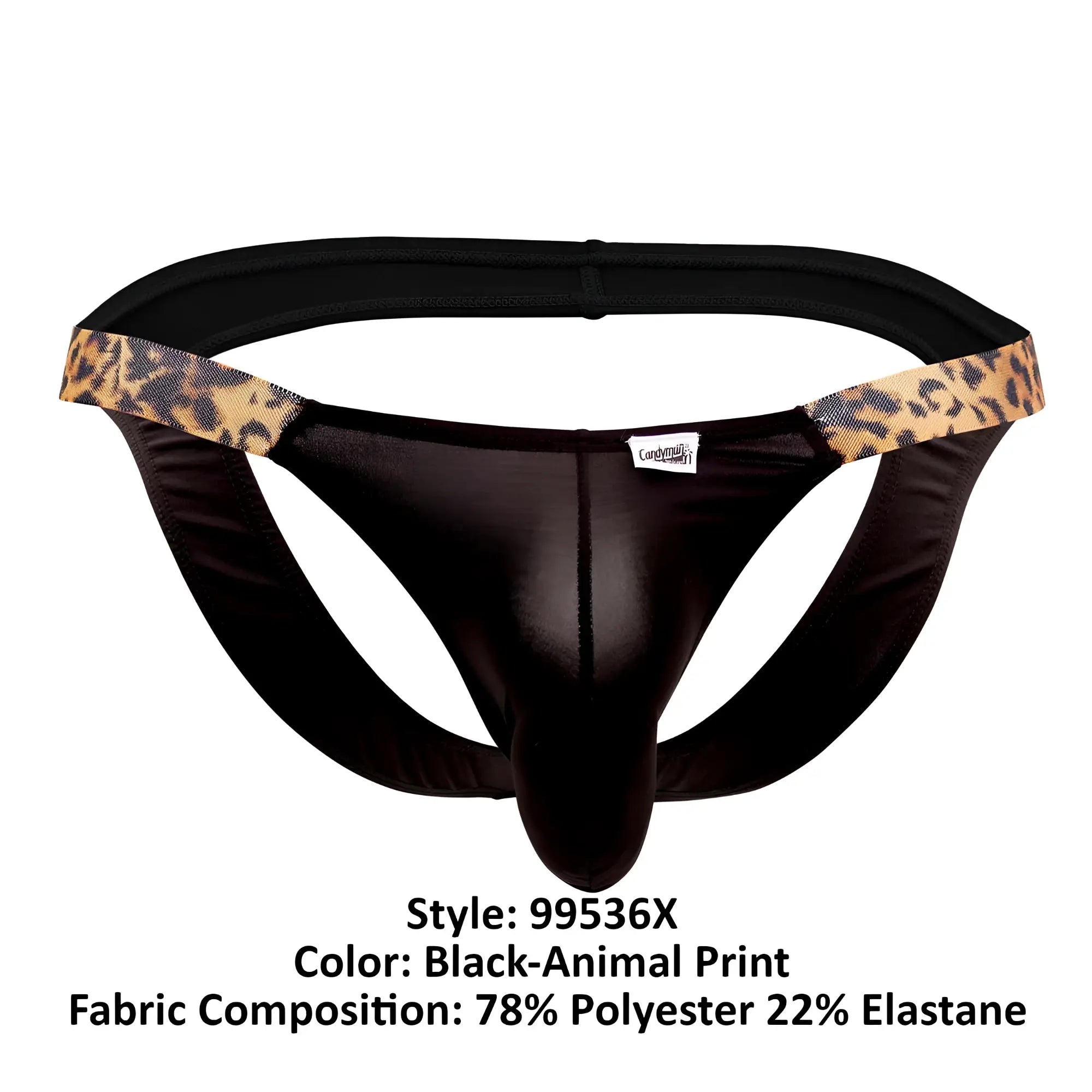 Black thong with leopard print trim and shiny form-fitting design from candyman 99536x bikini jockstrap series